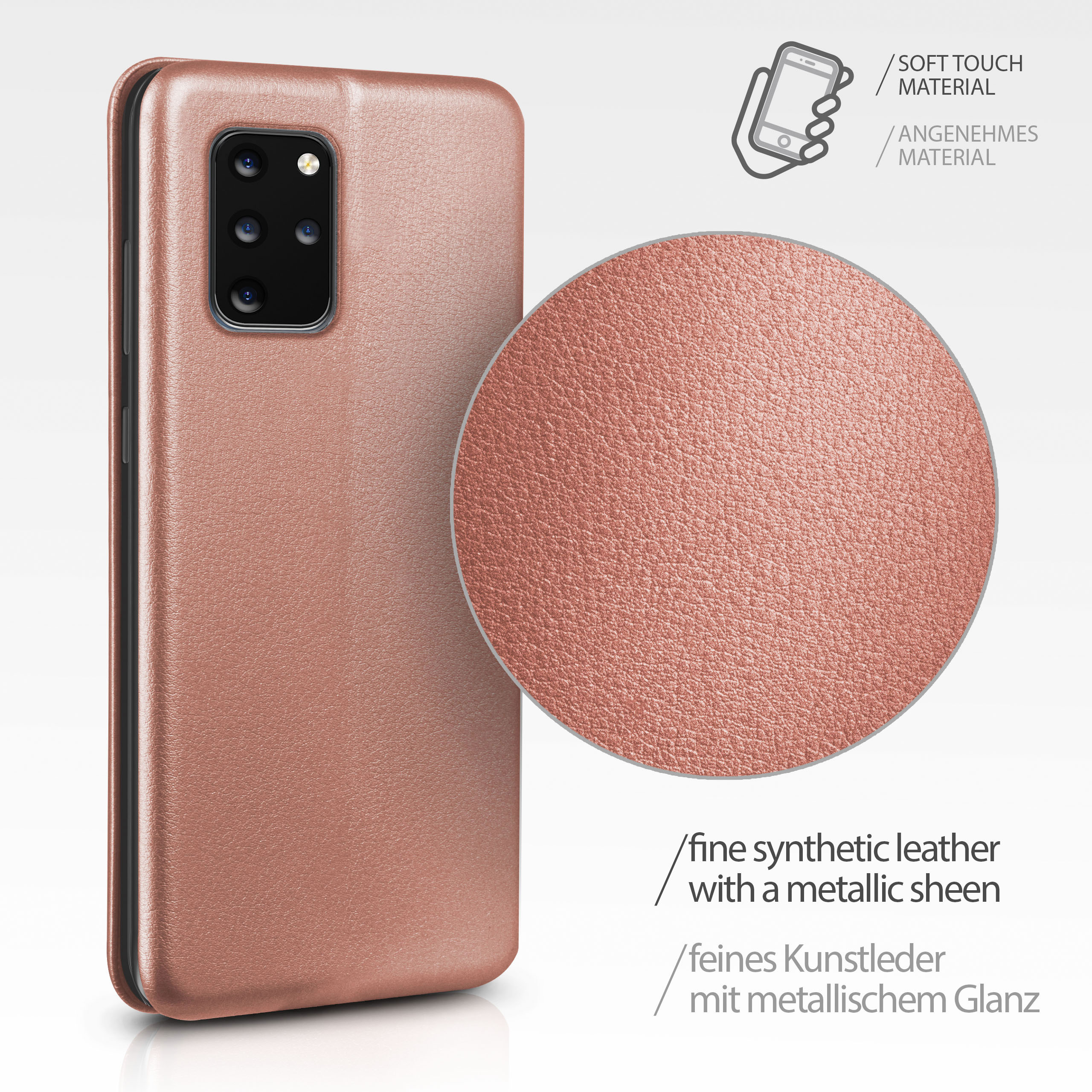 Roségoldenes Handy-Etui mit kreisförmigem Detail. Details zeigen feines Kunstleder und metallischen Glanz. Weißer HG.