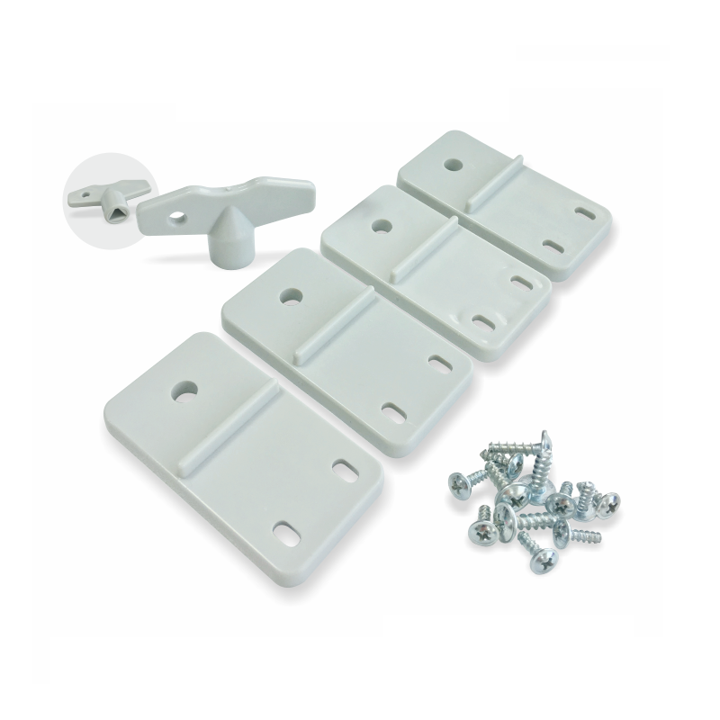 Hardware-Set. Graue rechteckige Platten, Schrauben und ein weißes T-förmiges Werkzeug.