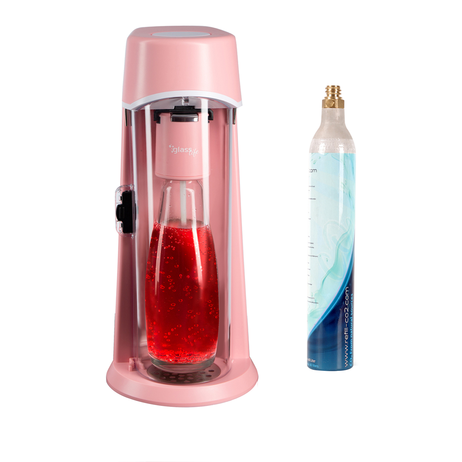 425g Pro und rosa mit Zylinder Soda Glasflasche CO2 0,6L Wassersprudler Starterset, ZOOMYO Wassersprudler