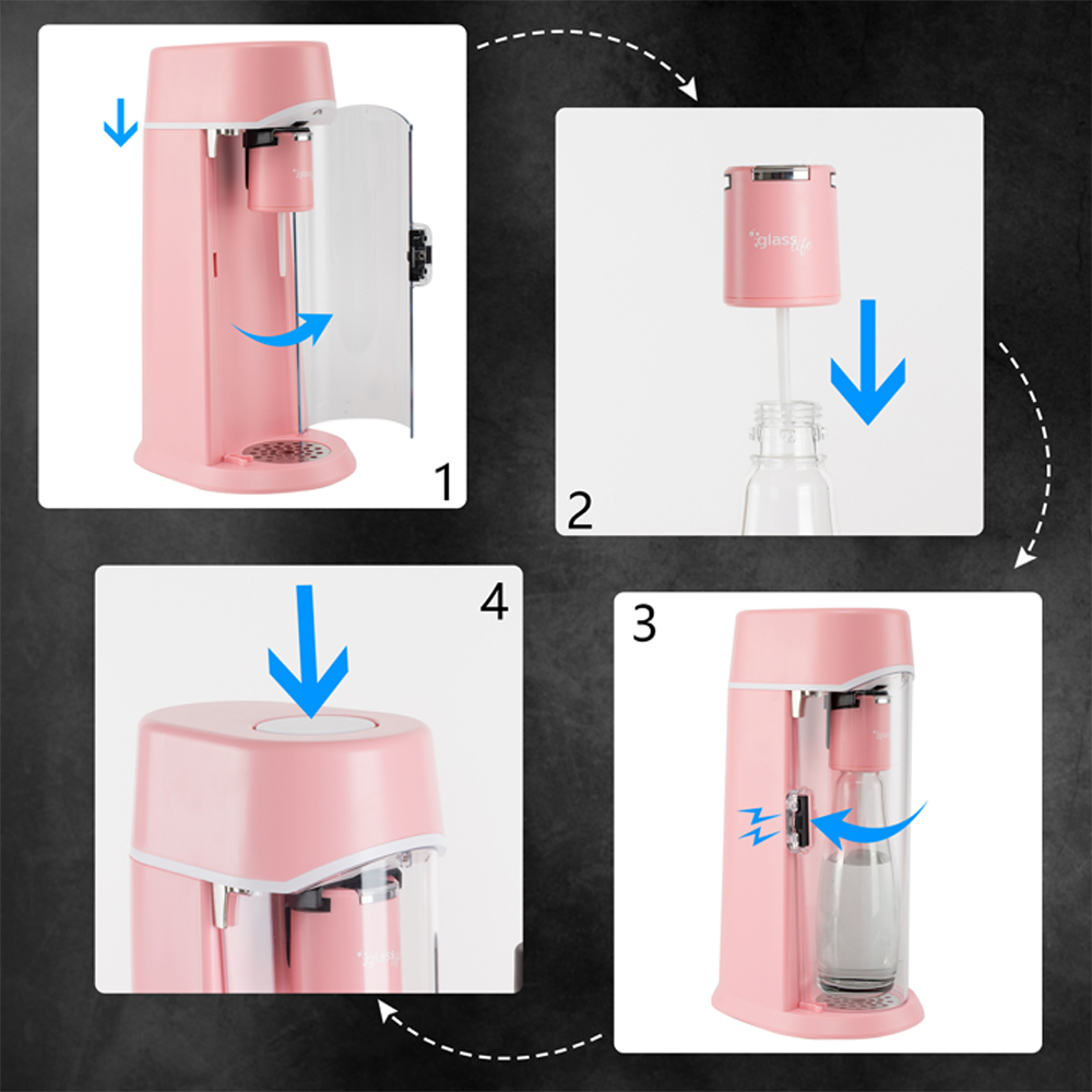 mit Zylinder Pro rosa und Glasflasche Soda Wassersprudler CO2 0,6L Starterset, Wassersprudler ZOOMYO 425g