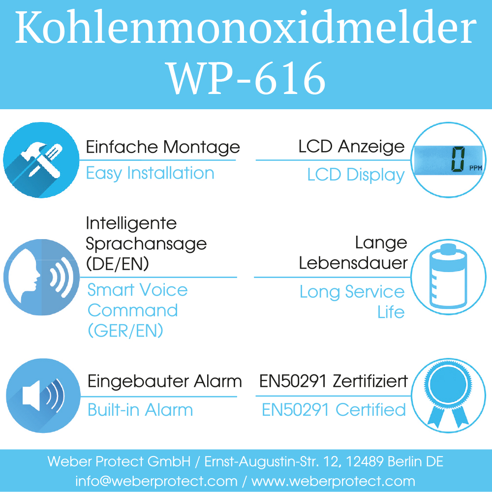 WEBER PROTECT Kohlenmonoxid Melder, Melder WP-616W CO Weiß