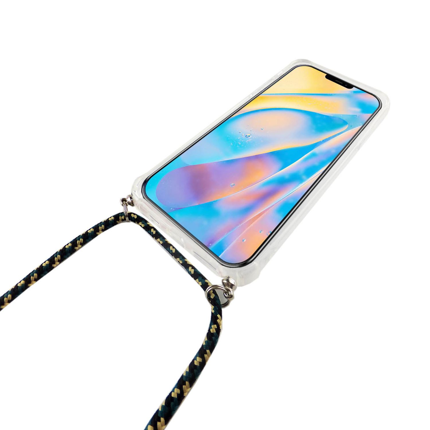 Telefon mit klarer Hülle hängt an schwarzem und gelbem Lanyard. Weißer Hintergrund.