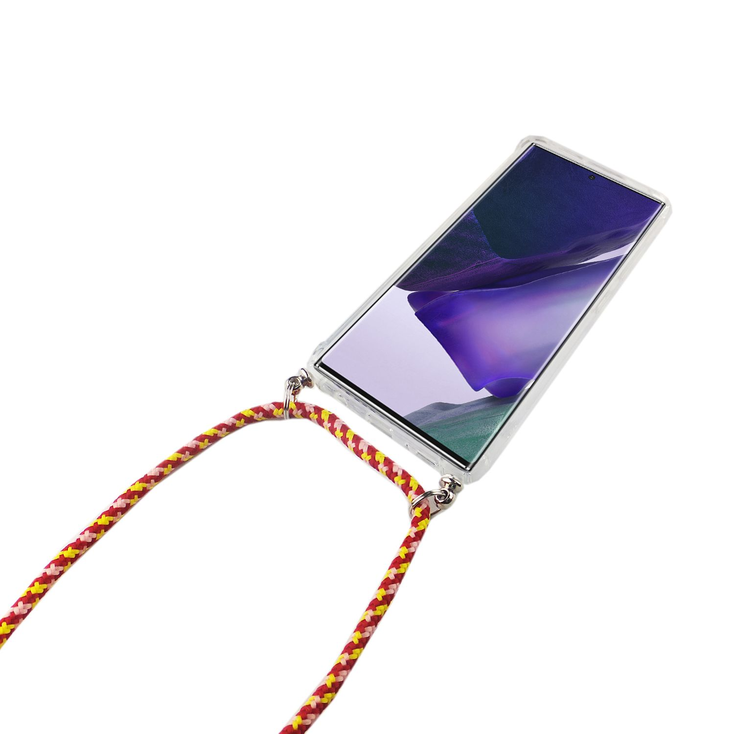 Smartphone in einer transparenten Hülle mit einem Lanyard. Das Lanyard ist rot, gelb und schwarz.