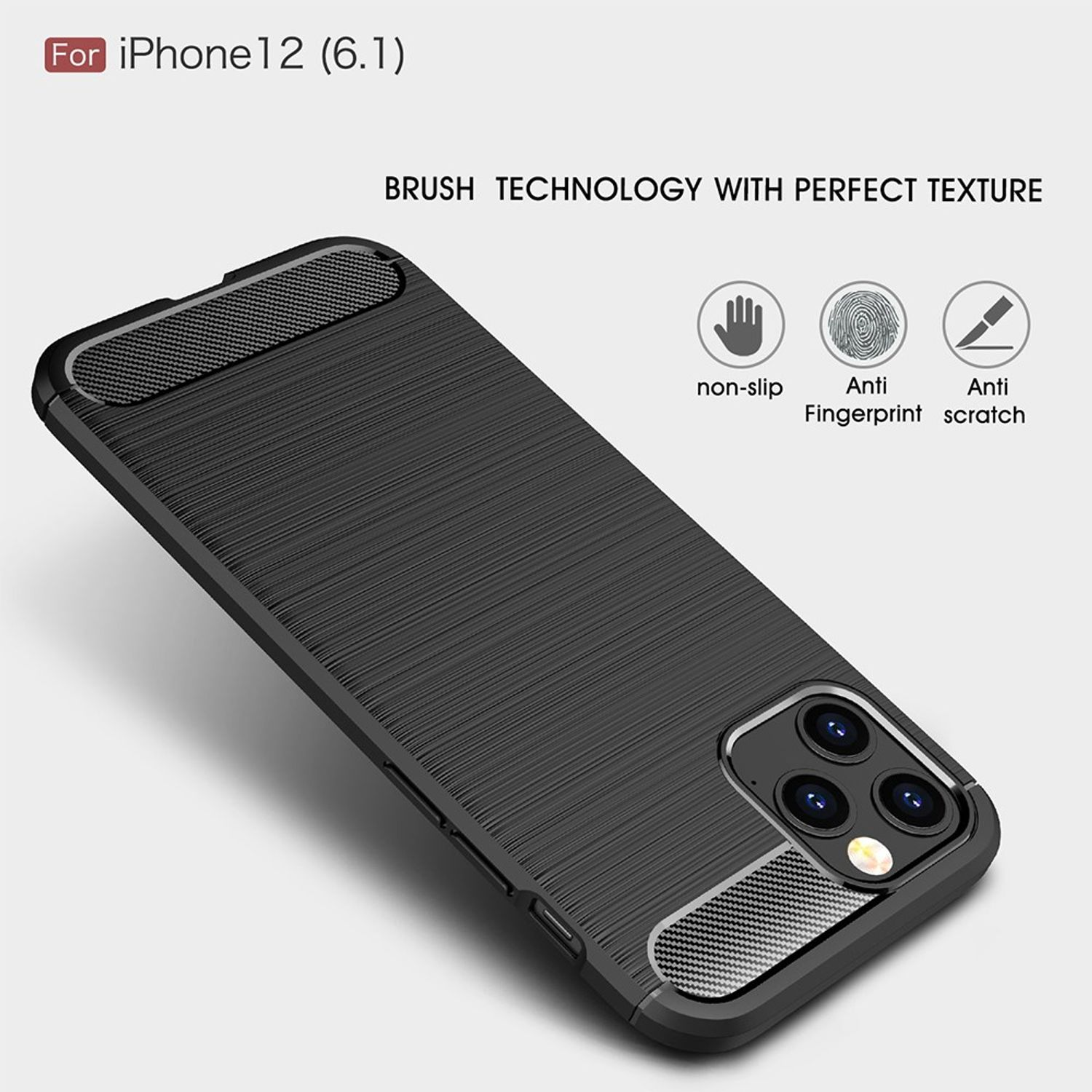 Schwarze Handyhülle mit strukturierter Rückseite. Mit Text "For iPhone12 (6.1)" und Symbolen.