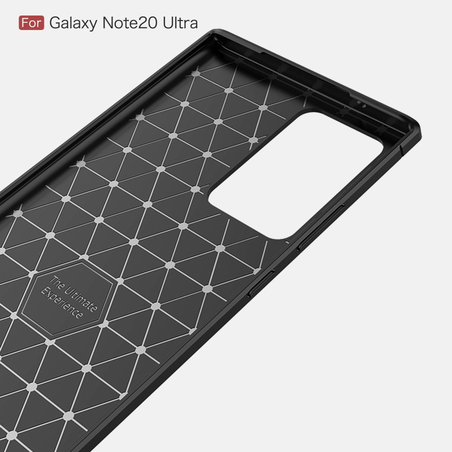 Schwarzes Handyhülleninnere, mit geometrischem Design und den Worten 'The Ultimate Experience'.