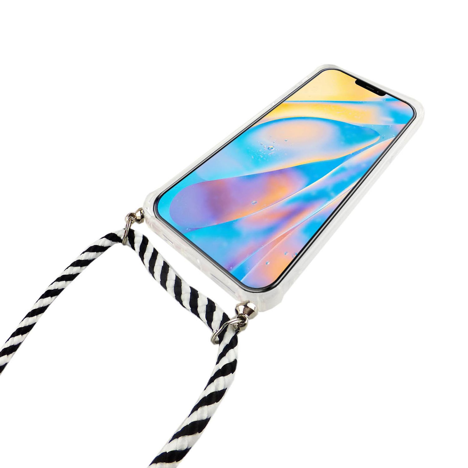 Ein Telefon in einer transparenten Hülle mit einem schwarz-weiß gestreiften Lanyard. Weißer Hintergrund.