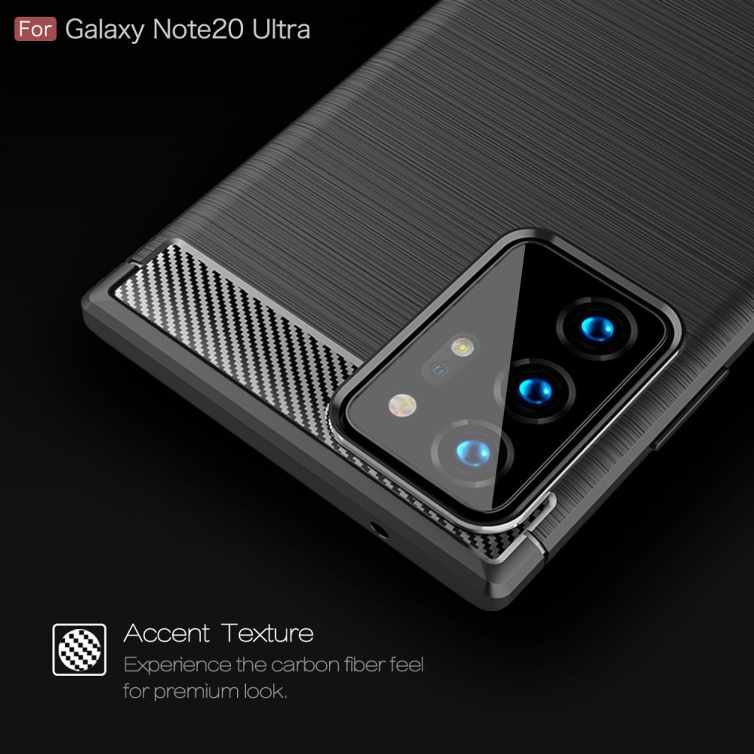 Schwarze Handyhülle mit Karbonfaser-Akzenten. Für Galaxy Note20 Ultra. Strukturierte Oberfläche.