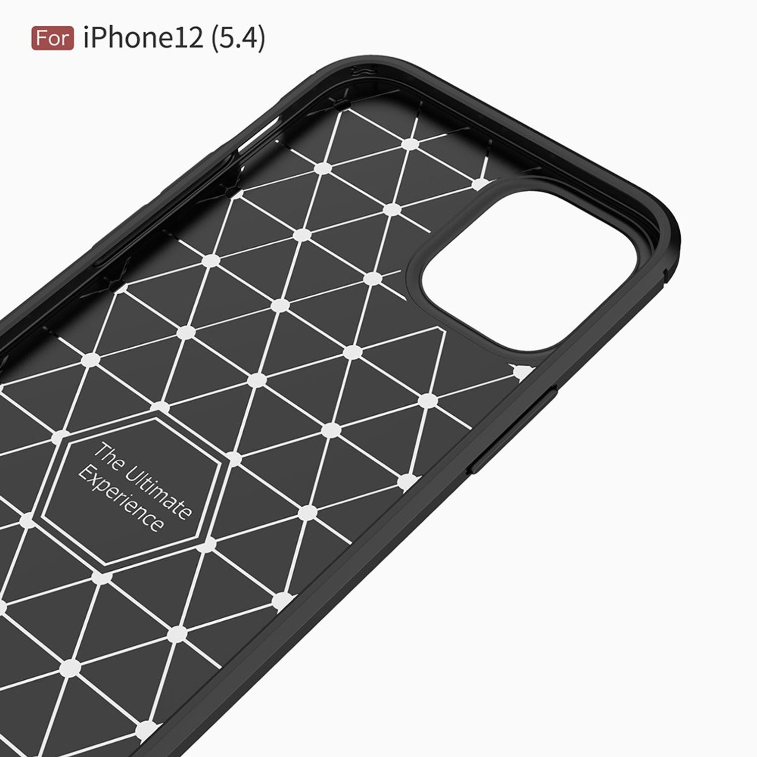 Schwarze Innenseite einer Handyhülle. Weißes Diamantmuster. Text: The Ultimate Experience. Weißer Hintergrund.