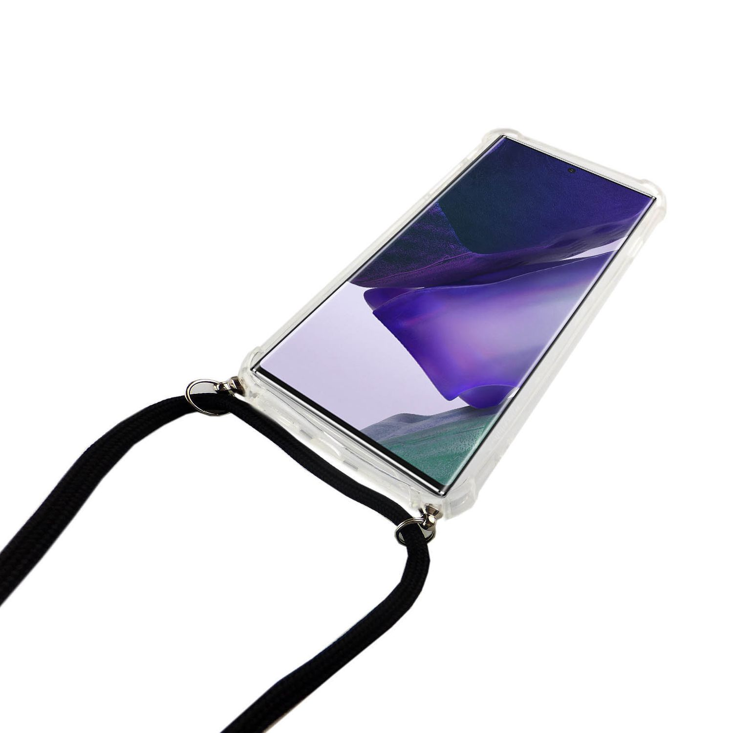Eine transparente Handyhülle mit einem schwarzen Riemen. Das Telefon ist abgewinkelt und zeigt den Bildschirm. Weißer Hintergrund.