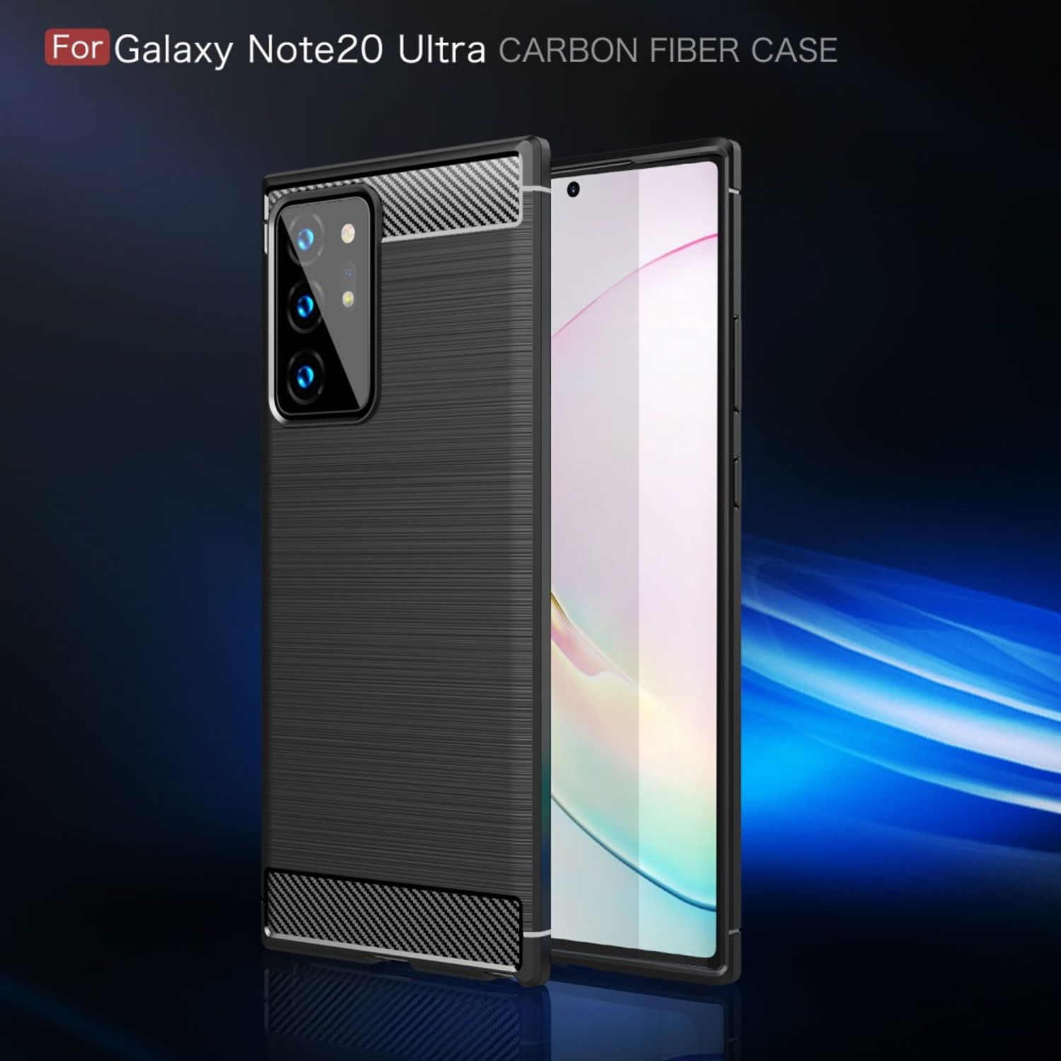 Handyhülle für Galaxy Note20 Ultra. Schwarzes Carbonfaser-Design, zeigt den Kamerabereich.