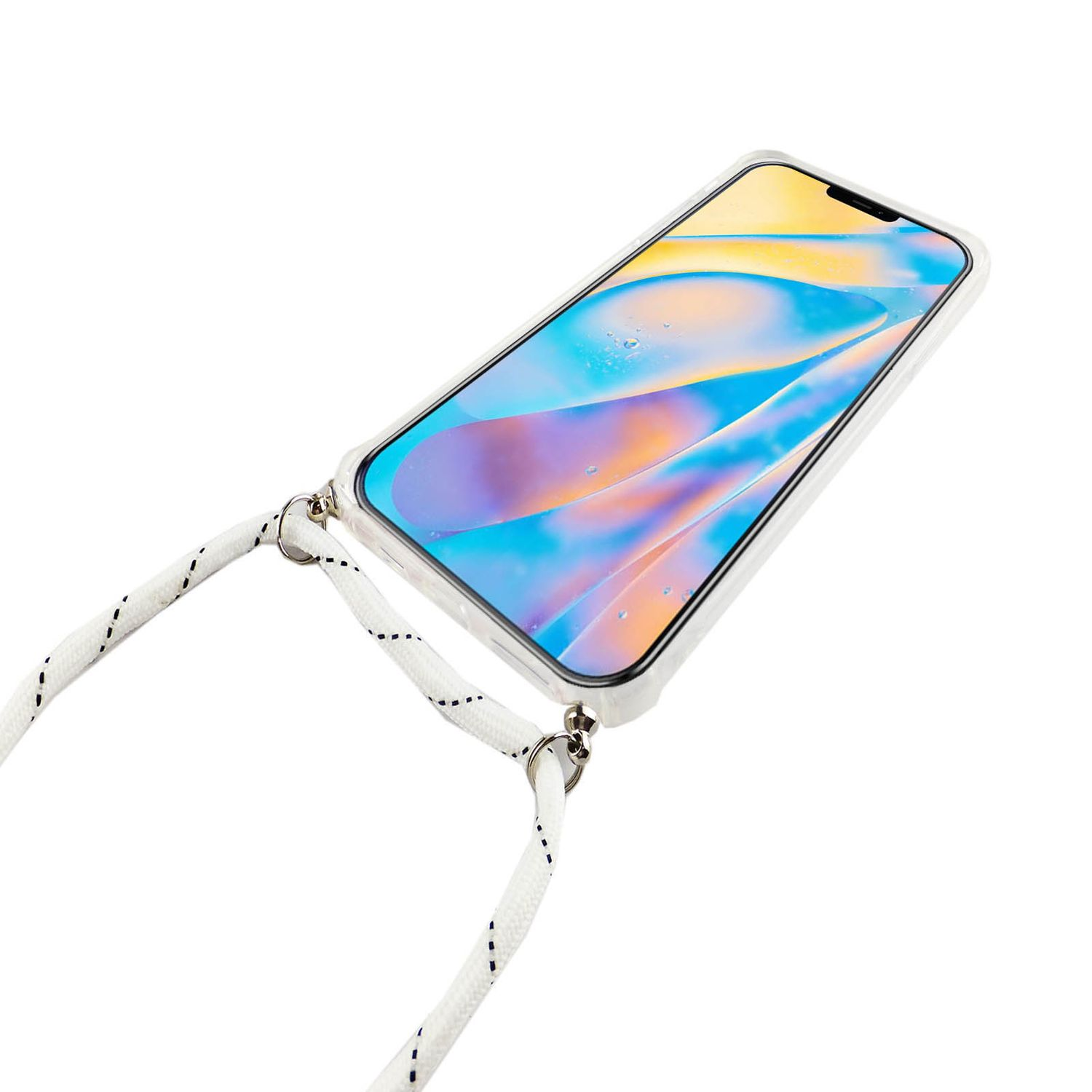 Weißes Telefon in einer Hülle mit weißem Band, hängend, vor weißem Hintergrund.