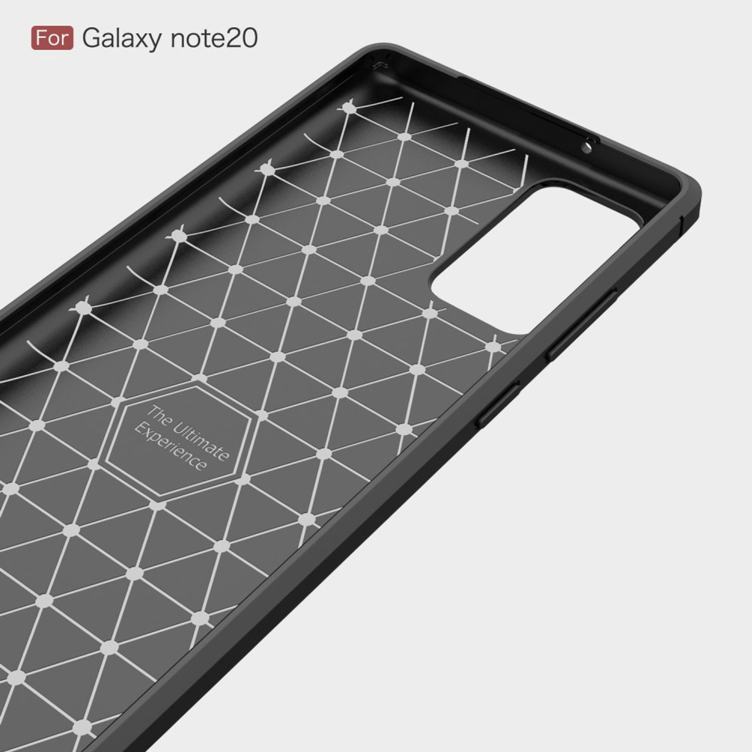 Schwarze Handyhülle, geometrisches Design. Für Galaxy Note20. Der Ultimate Experience-Text.