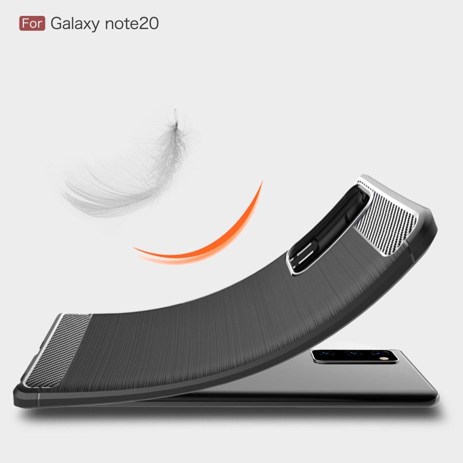 Schwarze Handyhülle auf einem Telefon. Über dem Telefon sind eine Feder und ein orangefarbener Bogen.