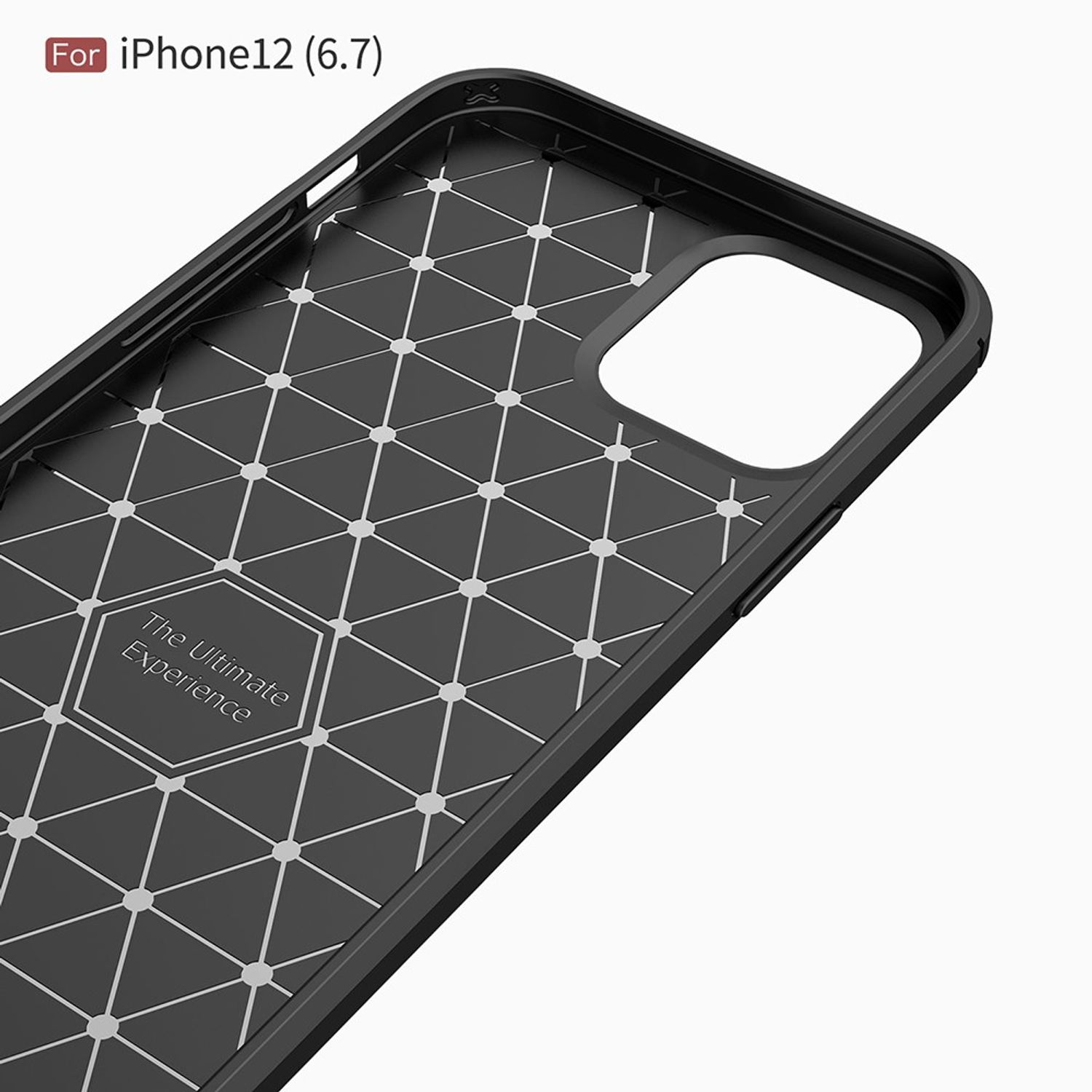 Nahaufnahme der Innenseite einer schwarzen Handyhülle. Sie hat ein geometrisches Muster und eine Aussparung.