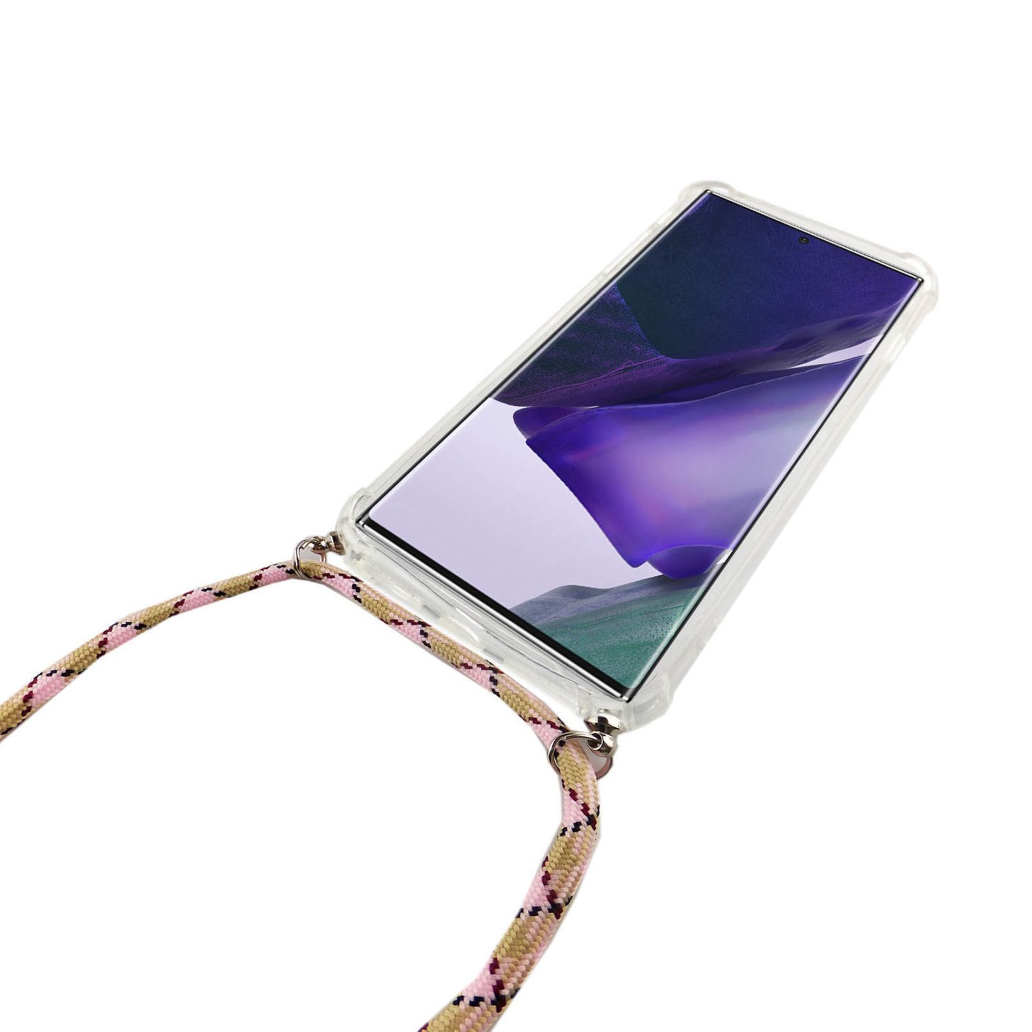 Telefon mit Umhängeband. Das Telefon hat eine klare Hülle und das Umhängeband ist rosa und beige.