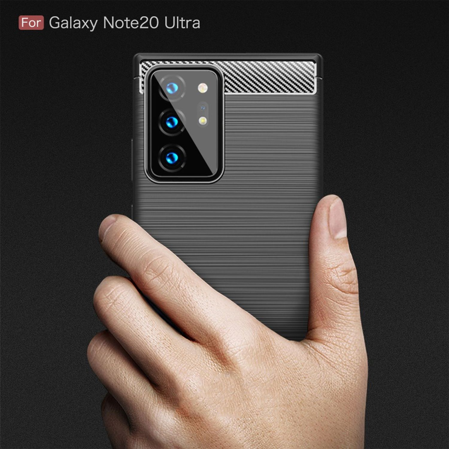 Eine Hand hält eine dunkelgraue Handyhülle. Die Hülle ist für das Galaxy Note20 Ultra.