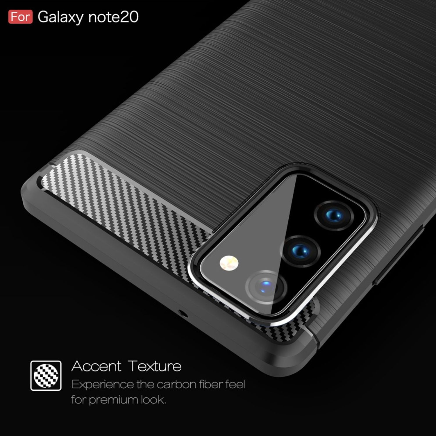 Schwarze Handyhülle für Galaxy Note20 mit Carbonfaser-Textur und Kamera-Erhebung.