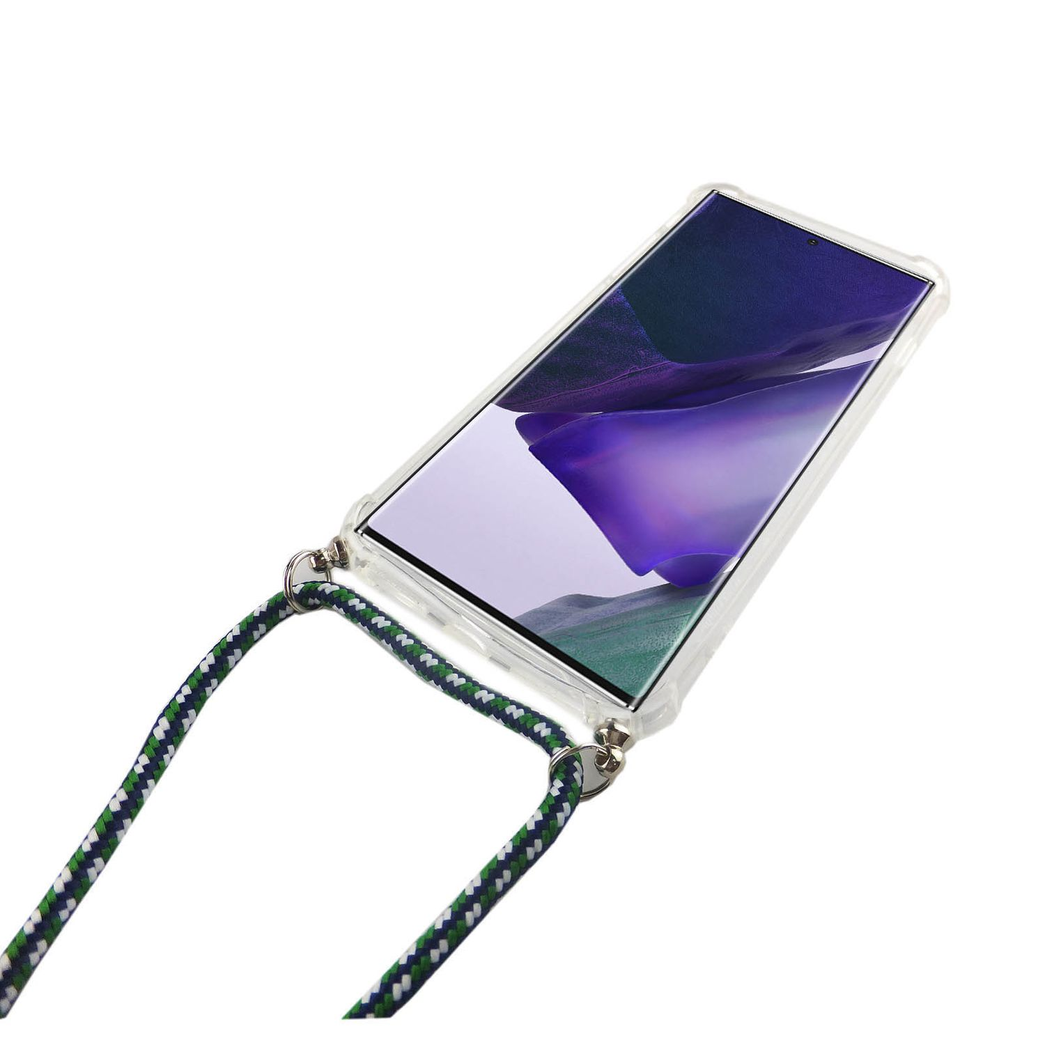 Transparente Handyhülle mit angebrachtem Lanyard. Das Telefon ist sichtbar.