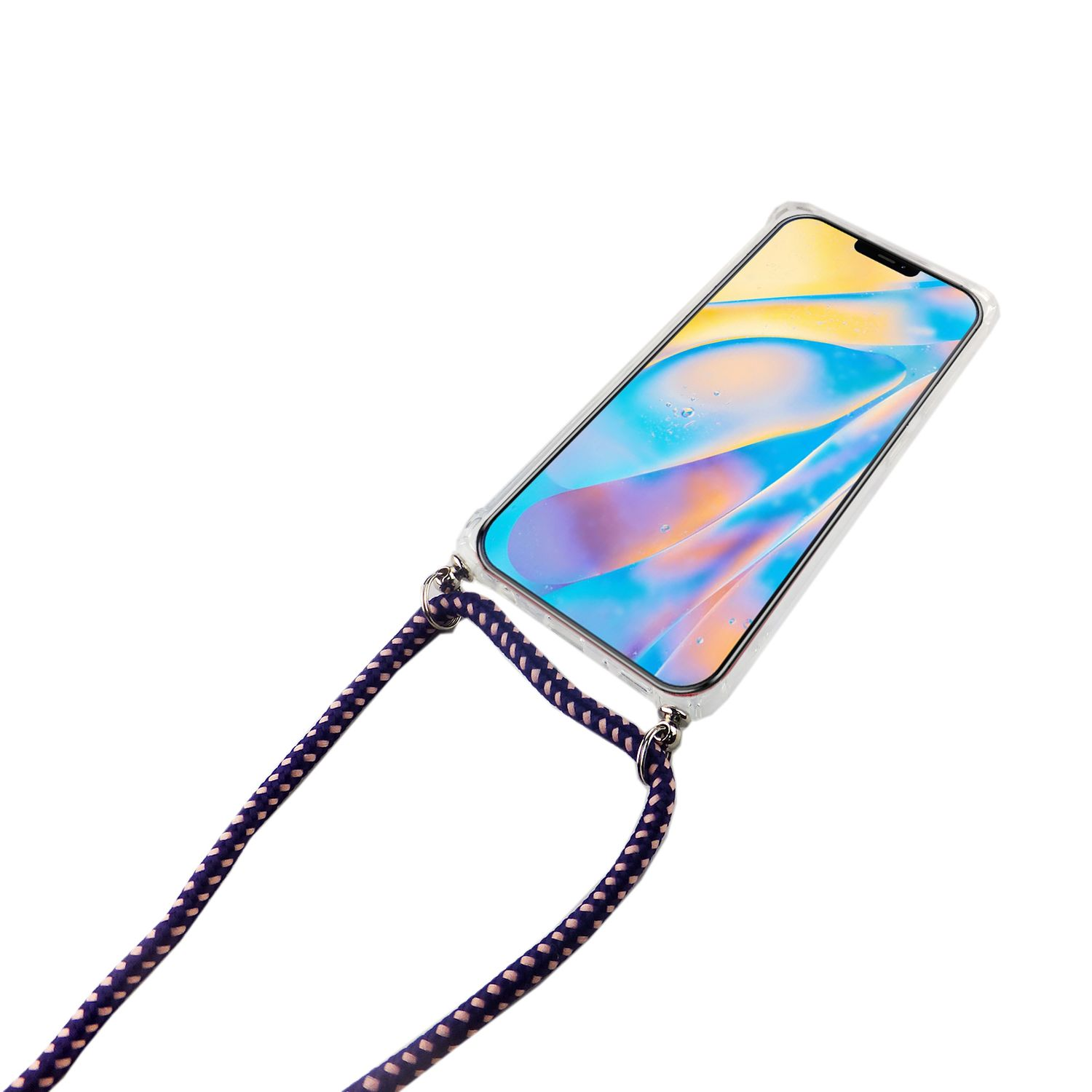 Telefon mit lila und weißem Band, hängend, vor weißem Hintergrund.