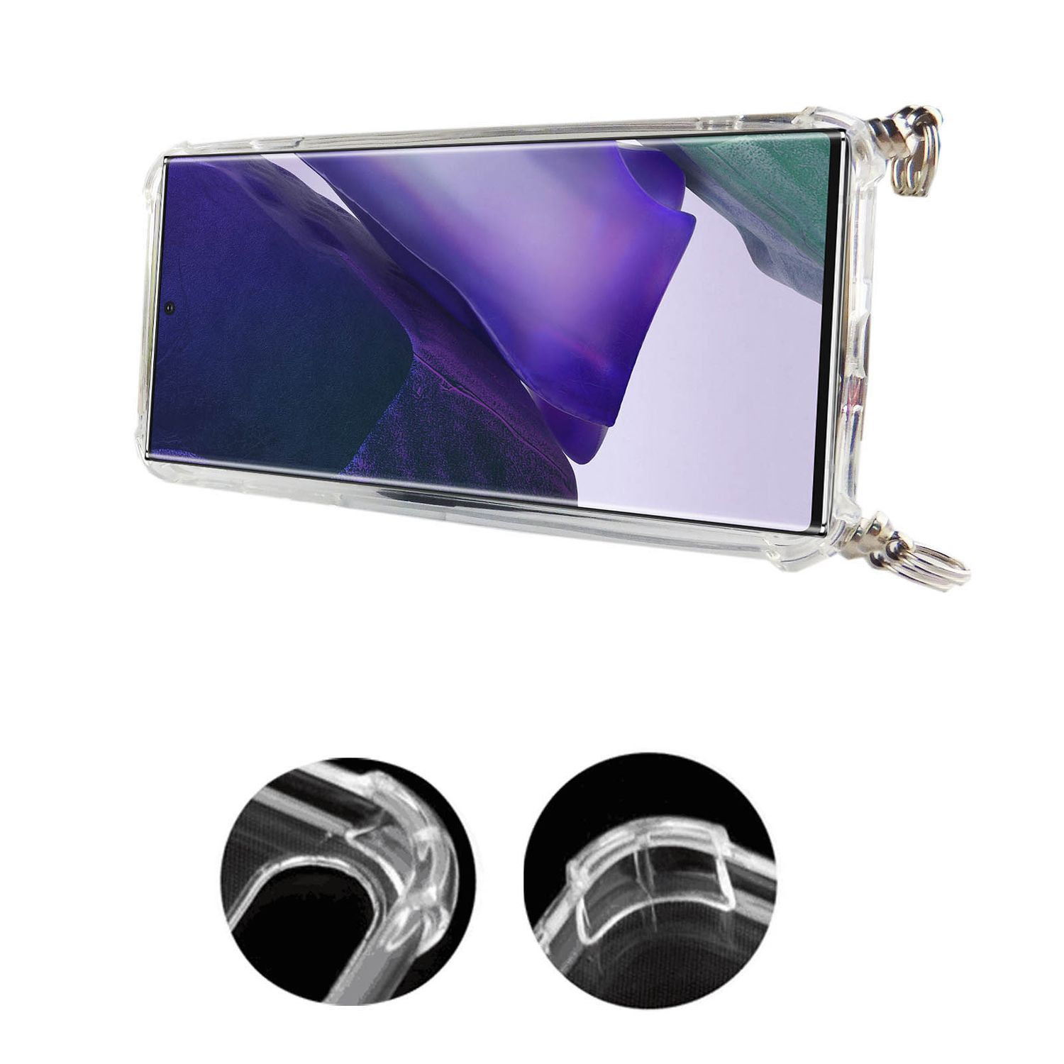 Eine Handyhülle mit Griff, ein Telefon ist darin. Zwei Detailaufnahmen der Ecken.