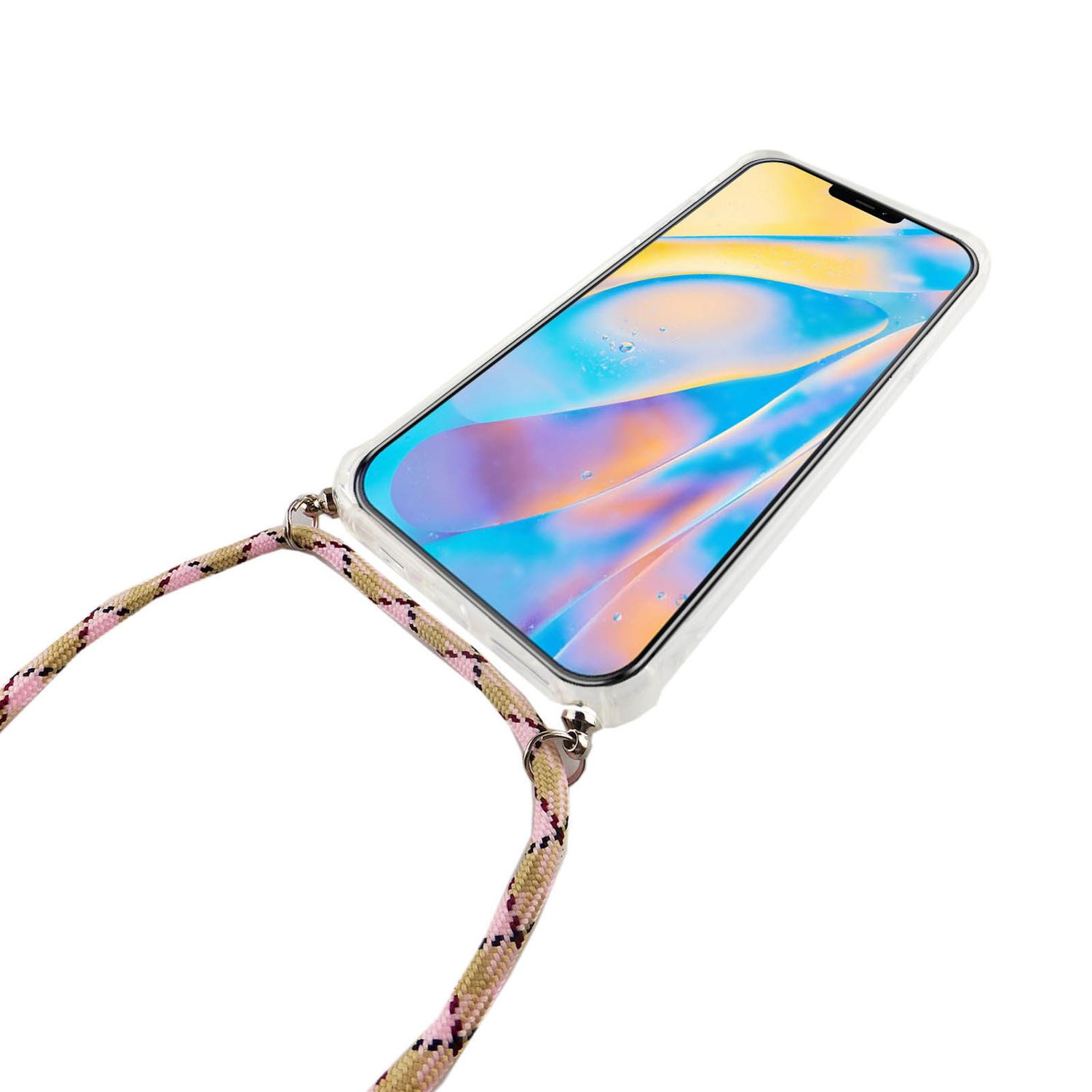 Ein Smartphone in einer transparenten Hülle, das an einem rosa-beigefarbenen Schlüsselband hängt, auf weißem Hintergrund.