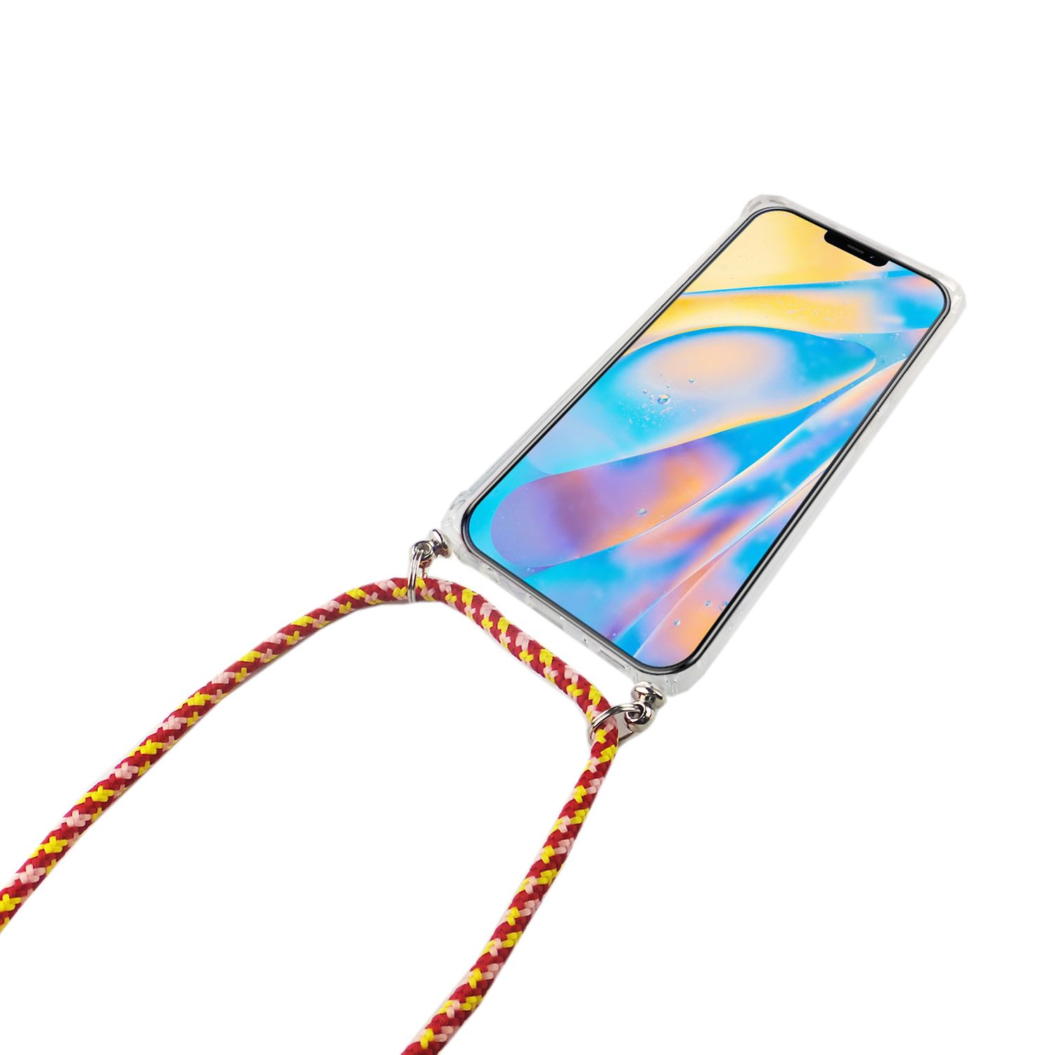 Telefon mit klarer Hülle und Lanyard. Das Lanyard ist rot und gelb.