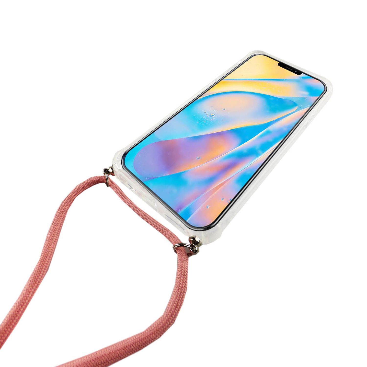 Handyhülle mit rosa Umhängeband. Telefon ist in der Hülle. Weißer Hintergrund.