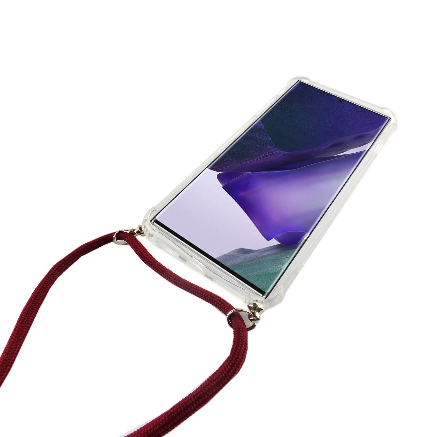 Telefon in einer transparenten Hülle mit roter Kordel. Das Telefon zeigt ein Bild.