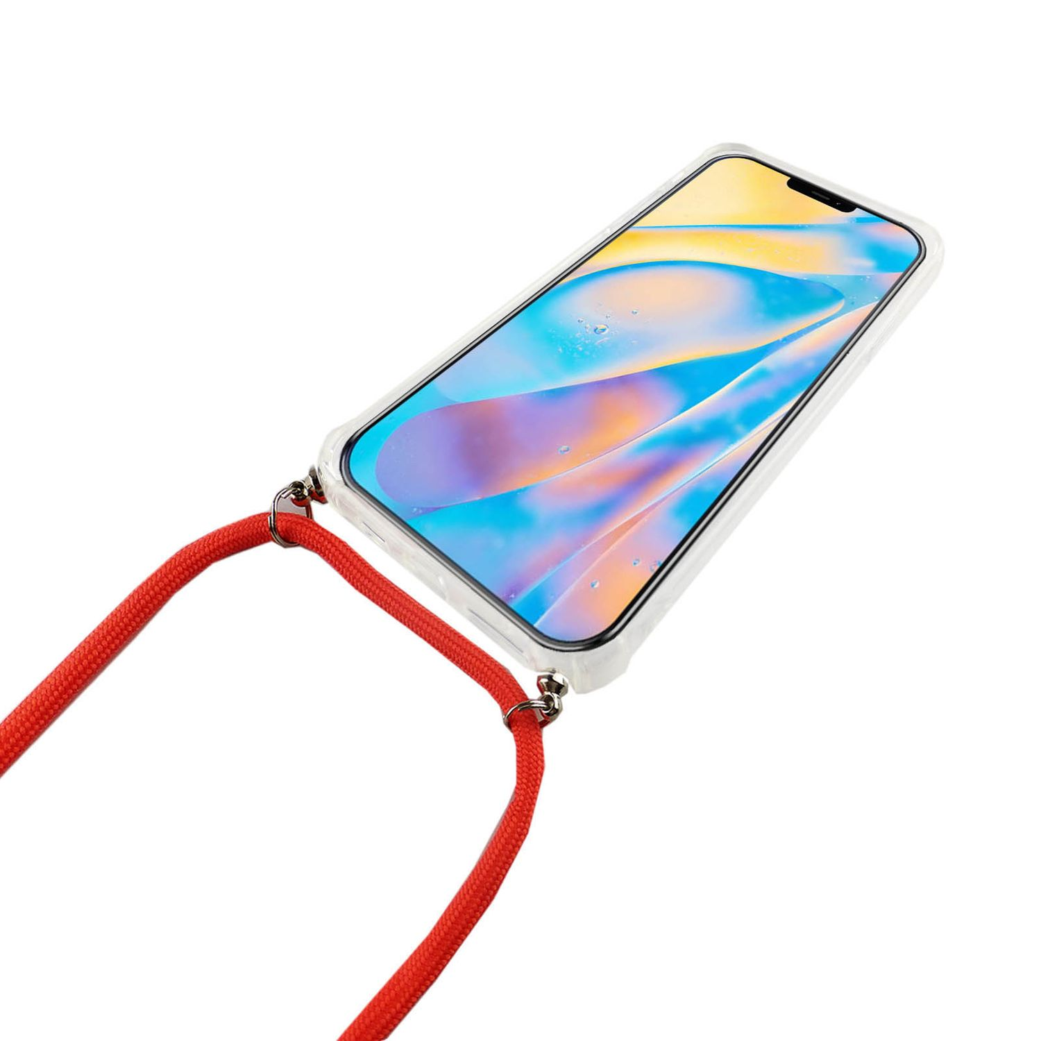 Ein weißes Telefon in einer durchsichtigen Hülle mit rotem Band, gegen weißen Hintergrund geneigt.