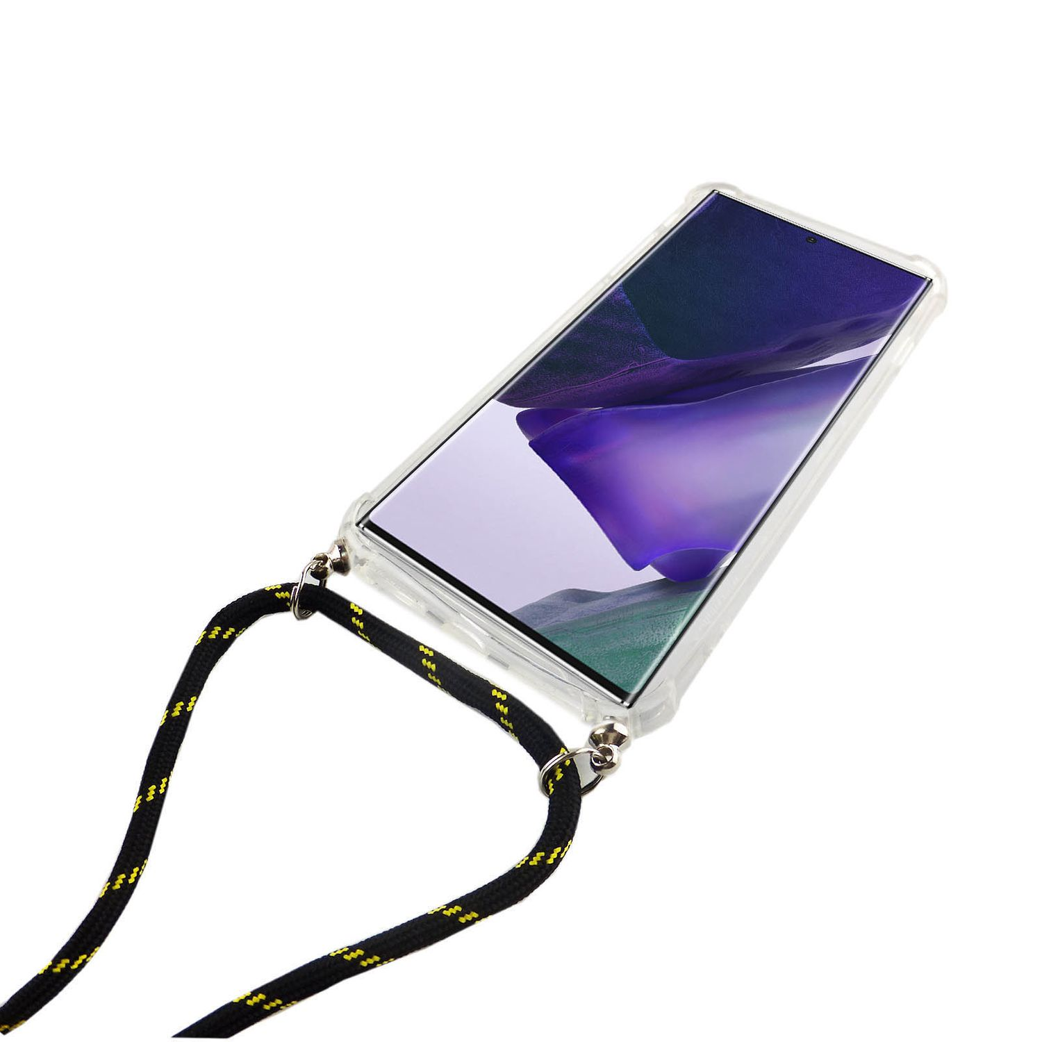 Ein Smartphone in einer transparenten Hülle mit einem schwarz-gelben Nackengurt, isoliert auf weißem Hintergrund.