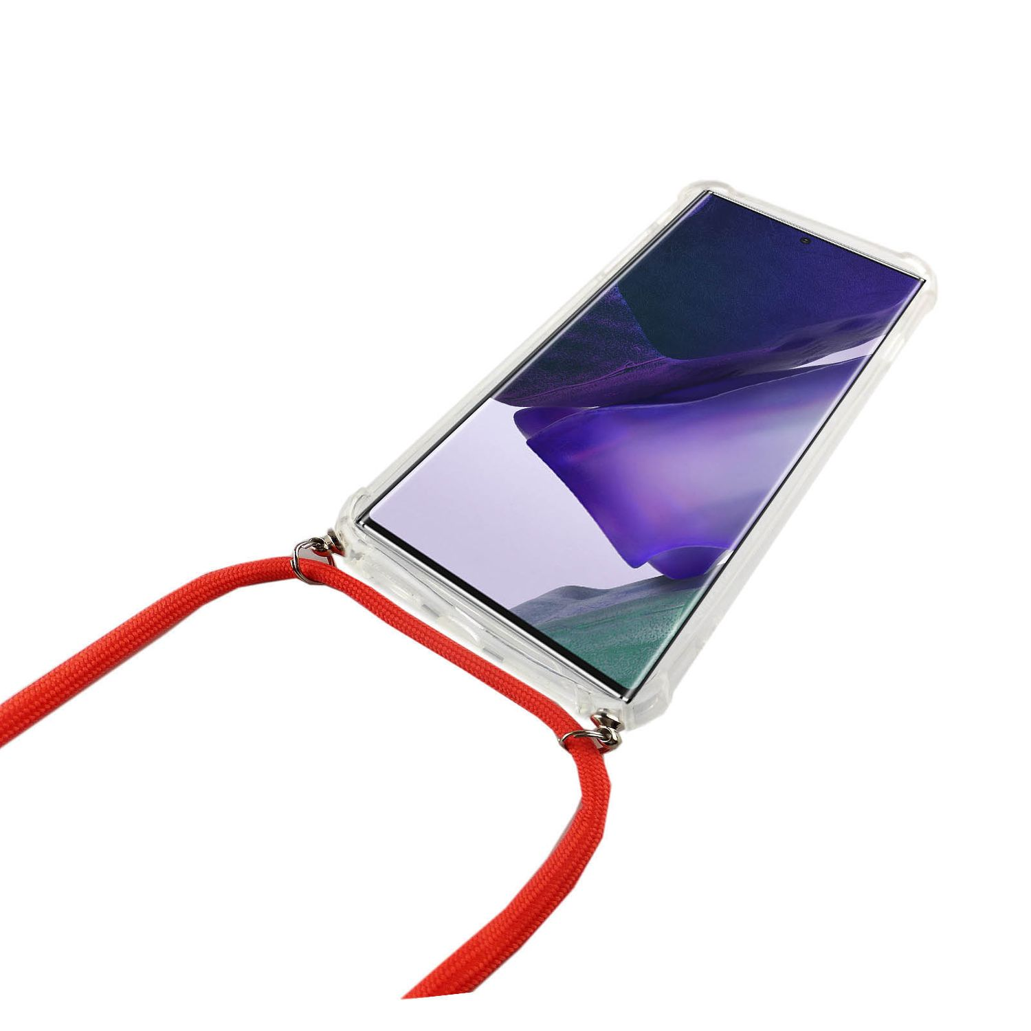 Smartphone in klarer Hülle mit rotem Umhängeband, schräg vor weißem Hintergrund.