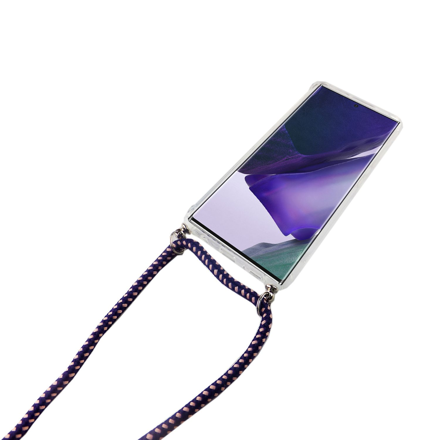 Telefon in einer transparenten Hülle, verbunden mit einem lila-rosa Lanyard.