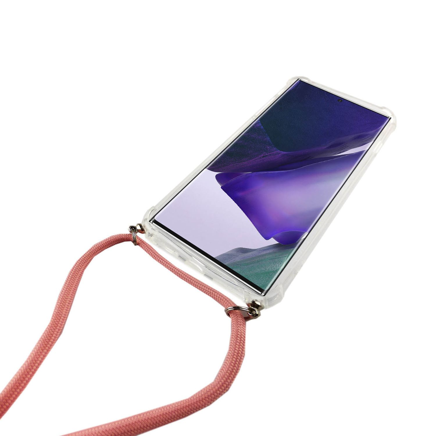 Telefon im Gehäuse mit rosa Riemen. Der Bildschirm zeigt ein lila Bild.