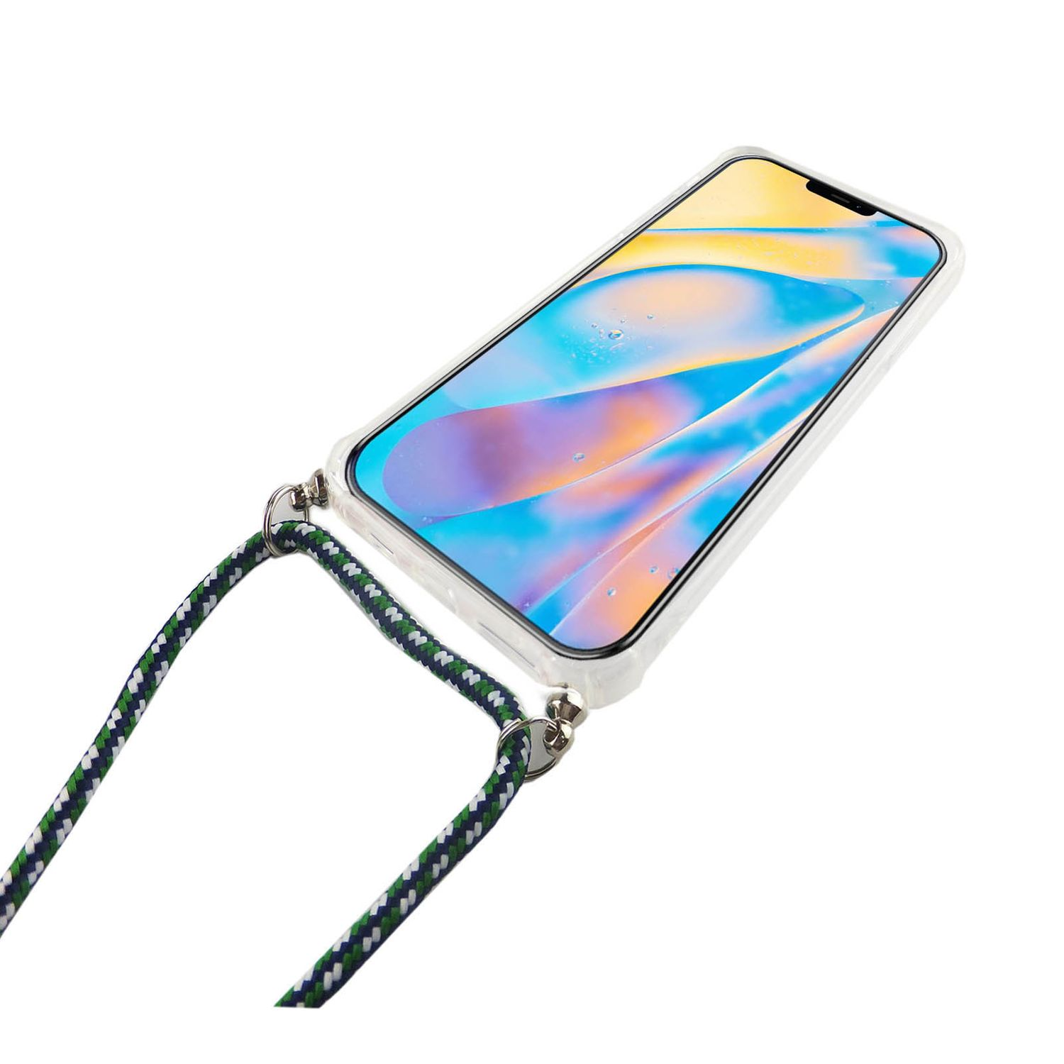 Telefon mit farbenfrohem Bildschirm, hängt an einem grün-weiß gestreiften Umhängeband.