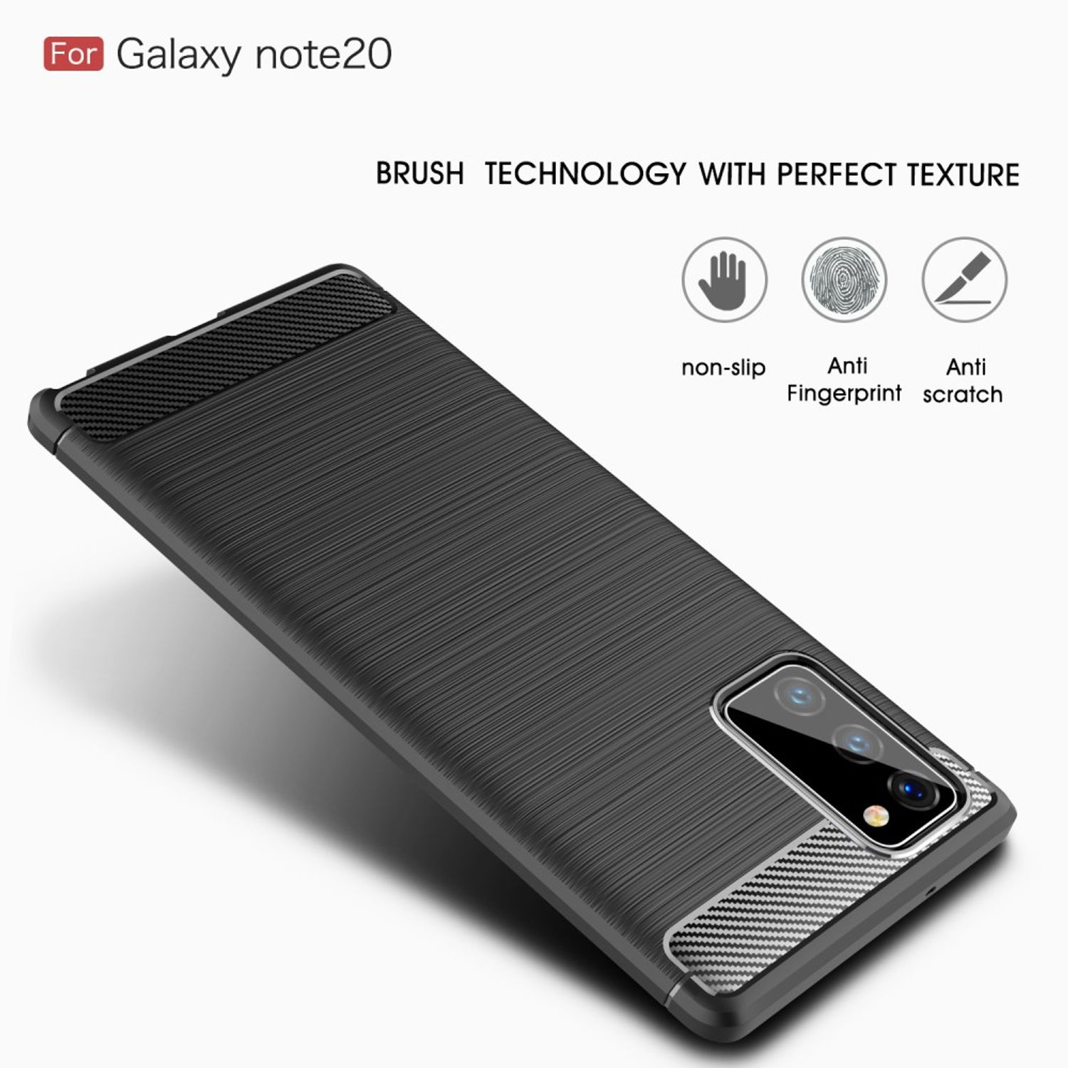 Schwarze Handyhülle für Galaxy note20. Strukturierte Oberfläche mit Carbonfaser, rutschfest.