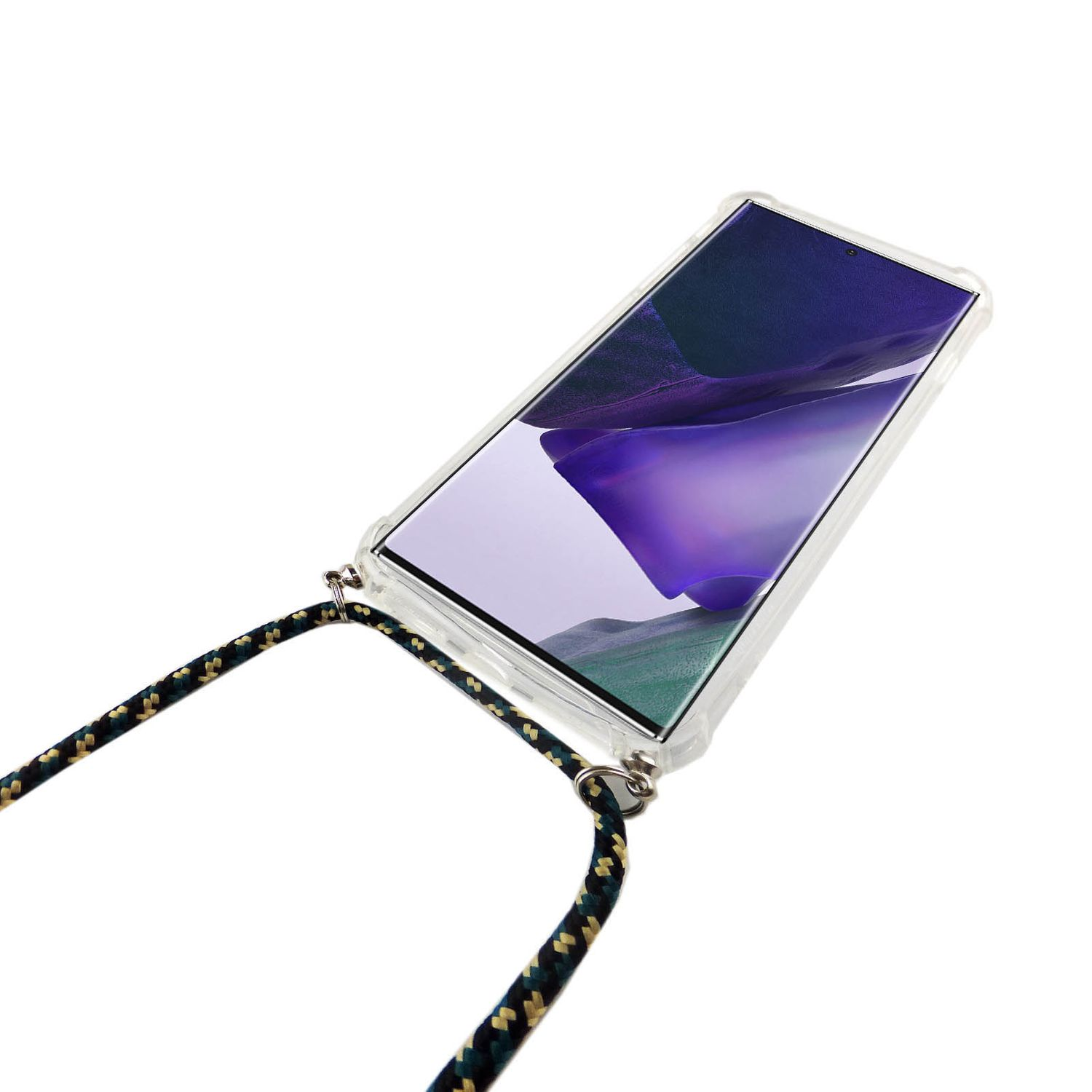 Telefon mit Umhängeband, vor weißem Hintergrund.
