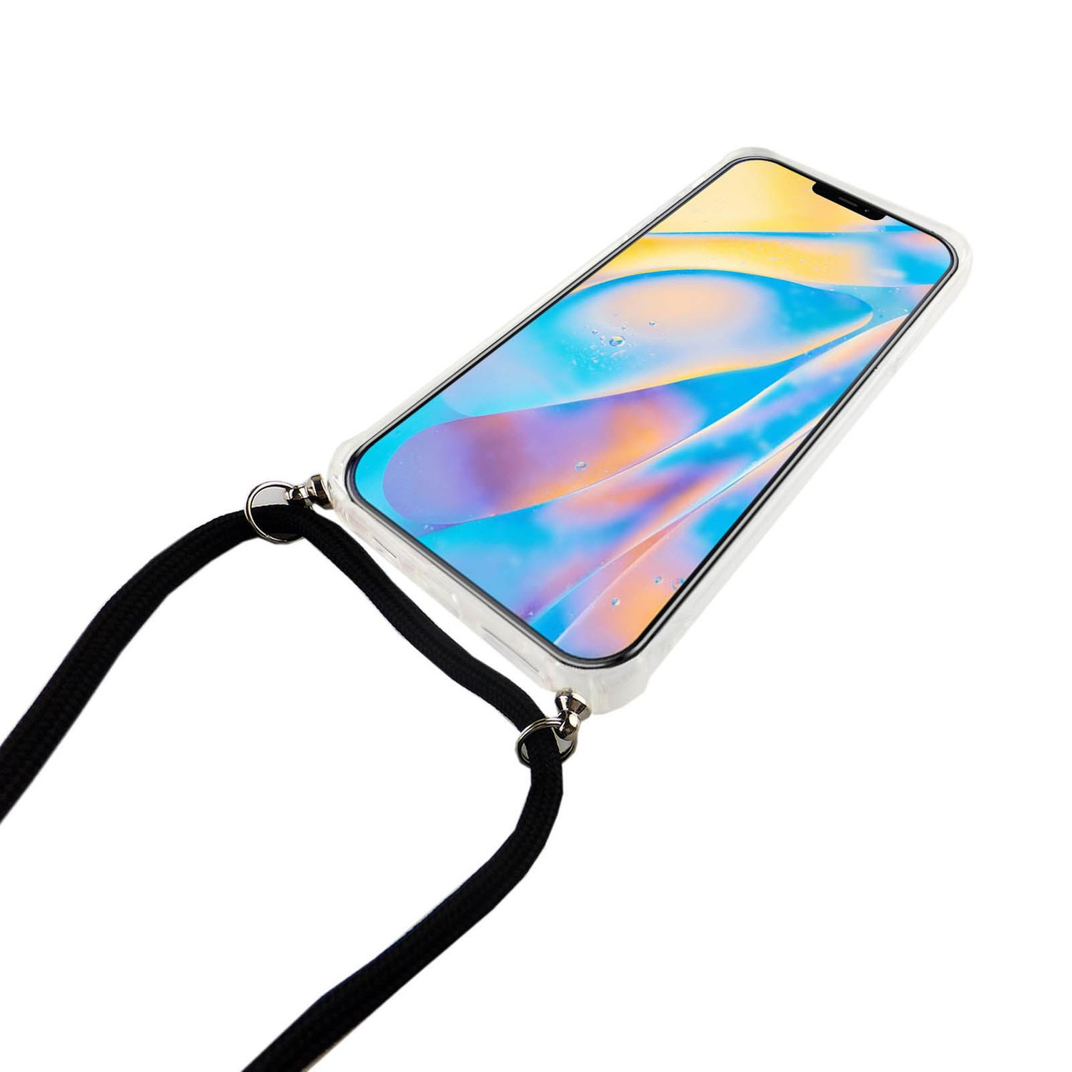 Telefon in einer transparenten Hülle mit schwarzem Umhängeband. Das Telefon zeigt ein Bild.