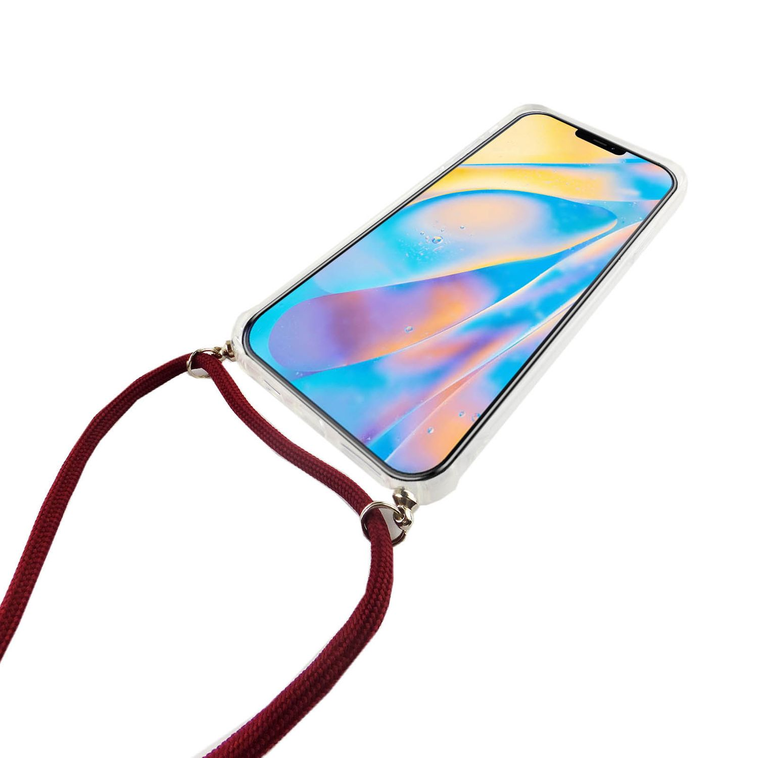 Smartphone mit Hülle und rotem Umhängeband. Weißer Hintergrund.