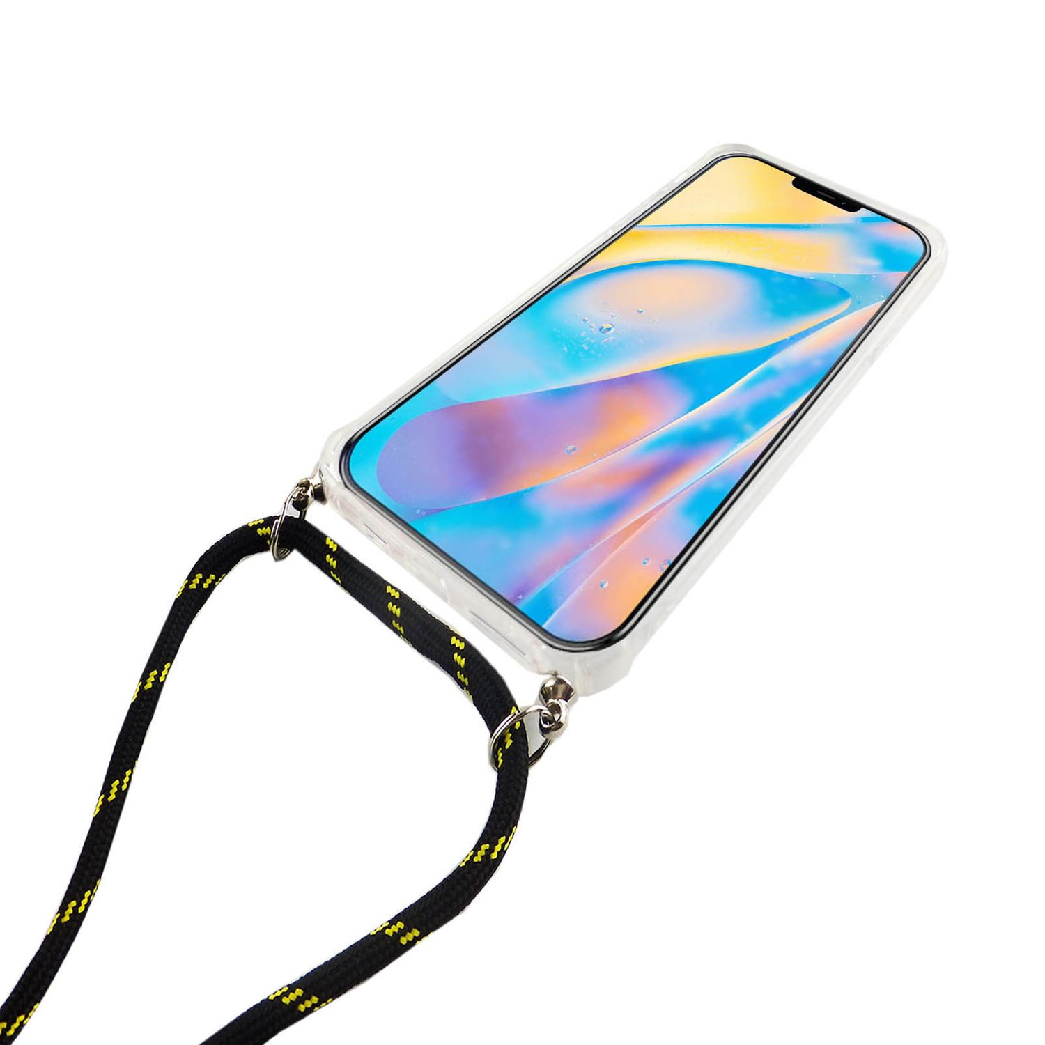Telefon in transparentem Gehäuse mit schwarzem und gelbem Riemen. Weißer Hintergrund.