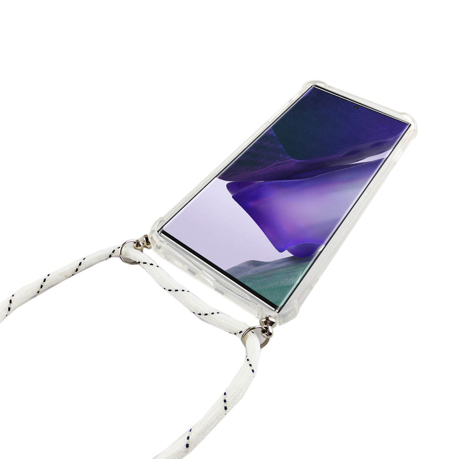 Eine transparente Handyhülle mit weißem Gurt, das Telefon hat einen Bildschirm mit Wellenbild.