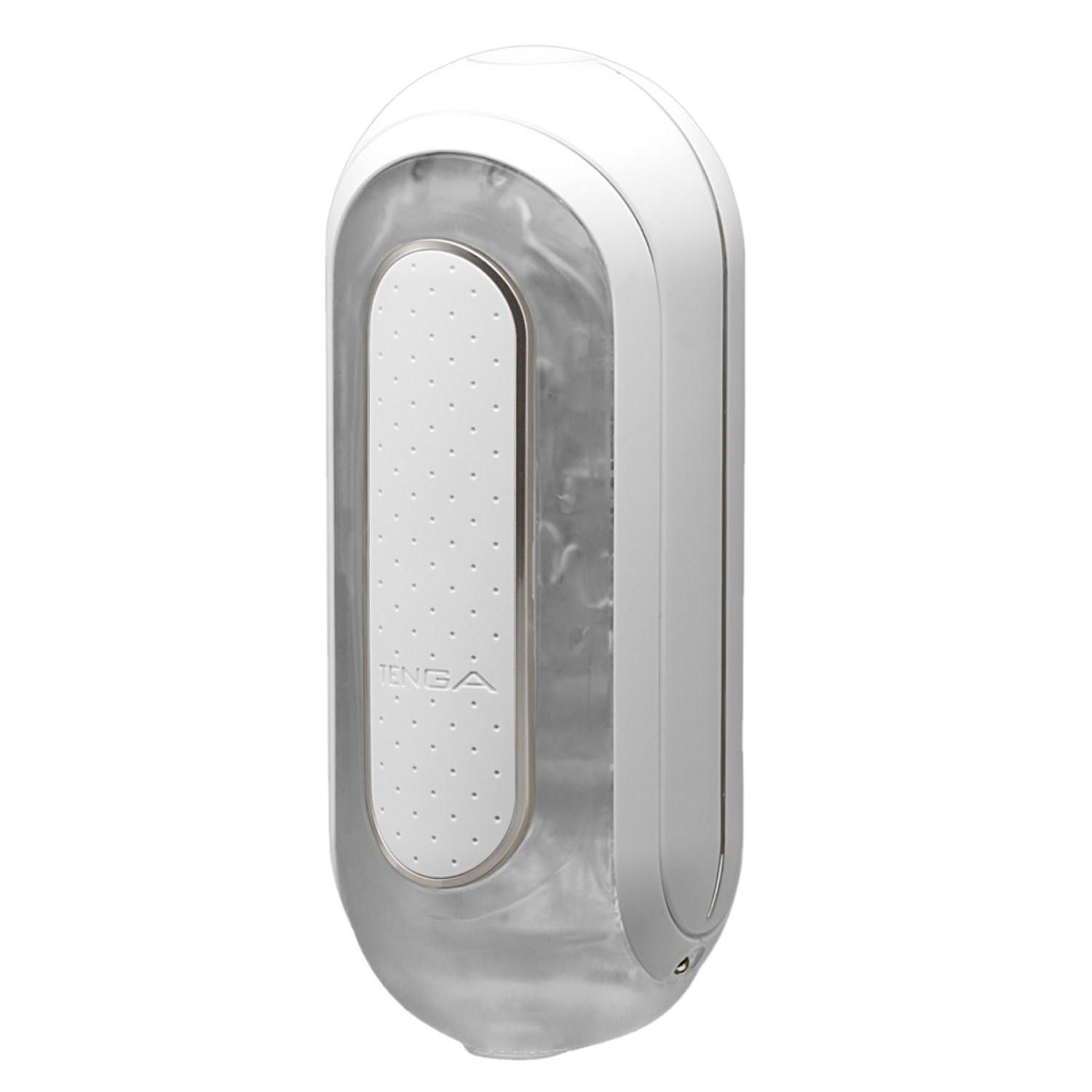 Podłużne biało-srebrne urządzenie Tenga, z szarym, kropkowanym wnętrzem.