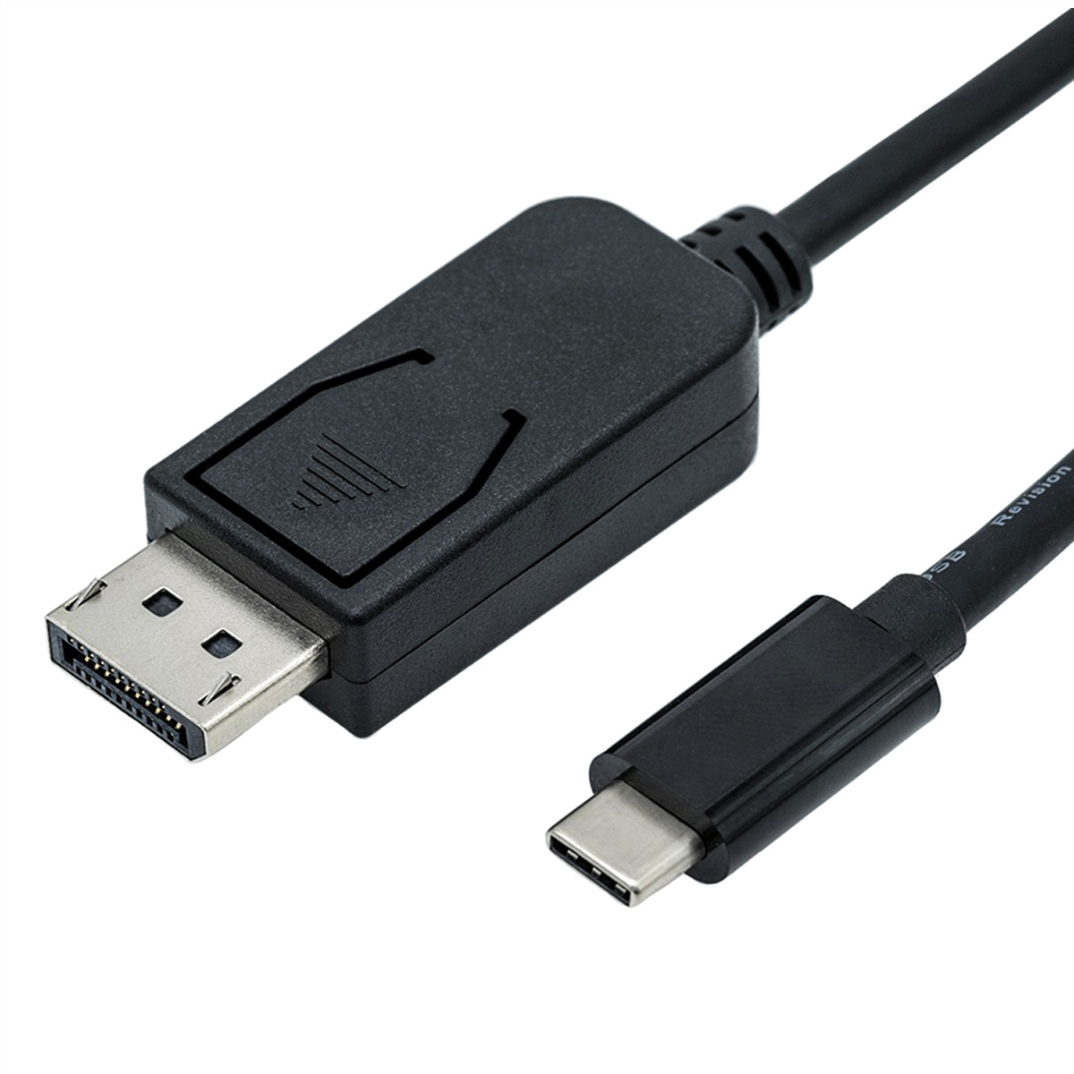 Câble noir DisplayPort vers USB-C avec connecteur DisplayPort argenté. Fond blanc.