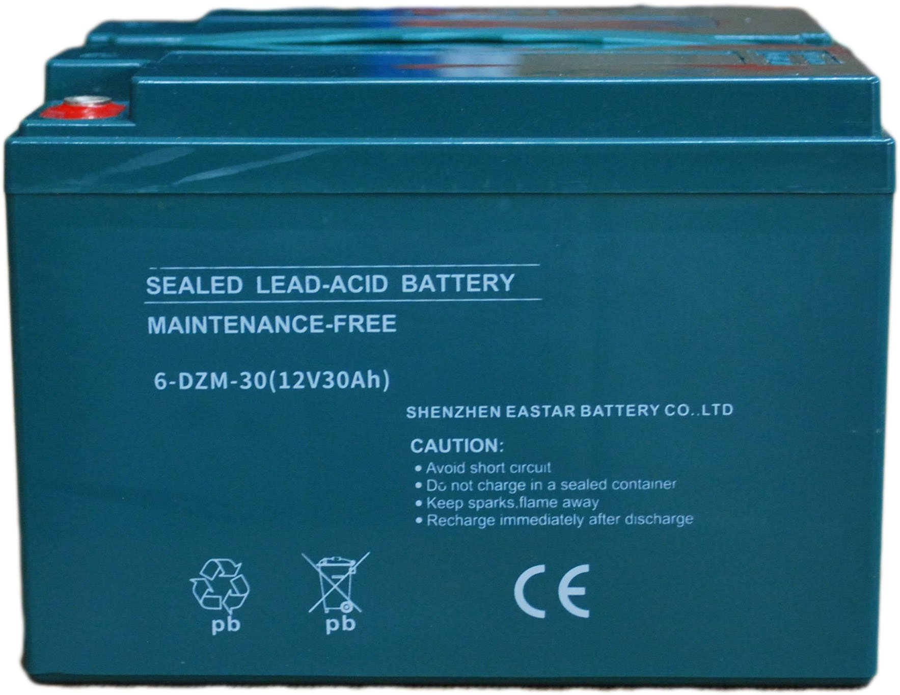 Versiegelte Blei-Säure-Batterie mit Text und Warnhinweisen. Sie ist grün. Weißer Hintergrund.