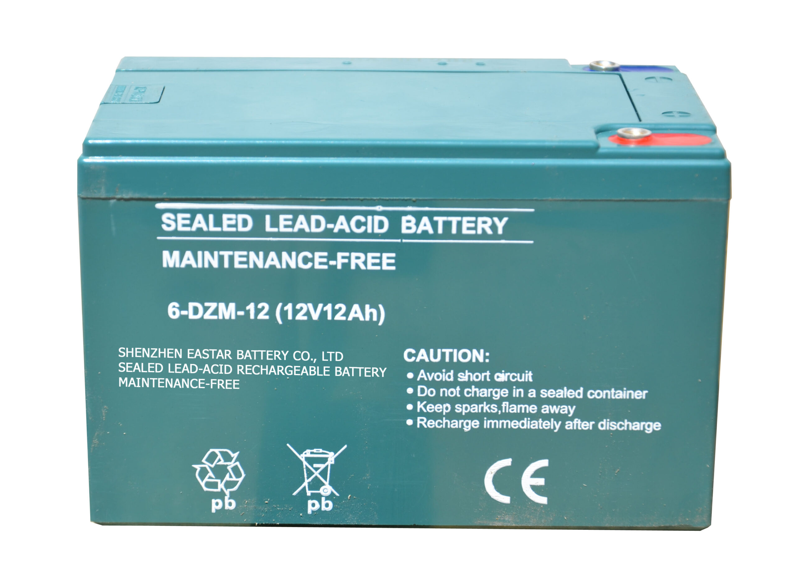 Eine grüne, versiegelte Blei-Säure-Batterie mit Warnhinweisen und Text.