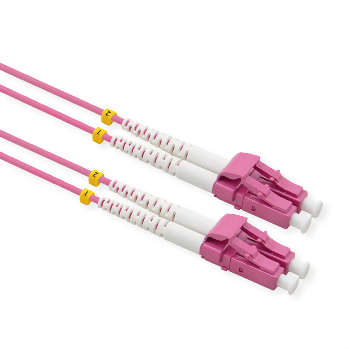 Twee roze glasvezelkabels met witte connectoren, schuin. De connectoren hebben een roze afdekking.