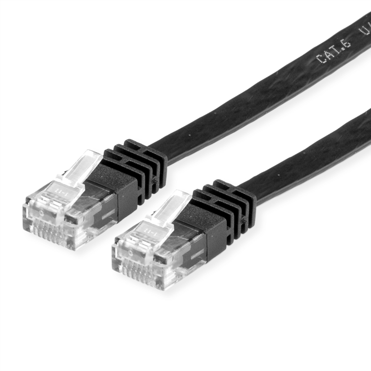 Twee zwarte CAT.6 UTP-kabels met transparante connectoren. Witte achtergrond.