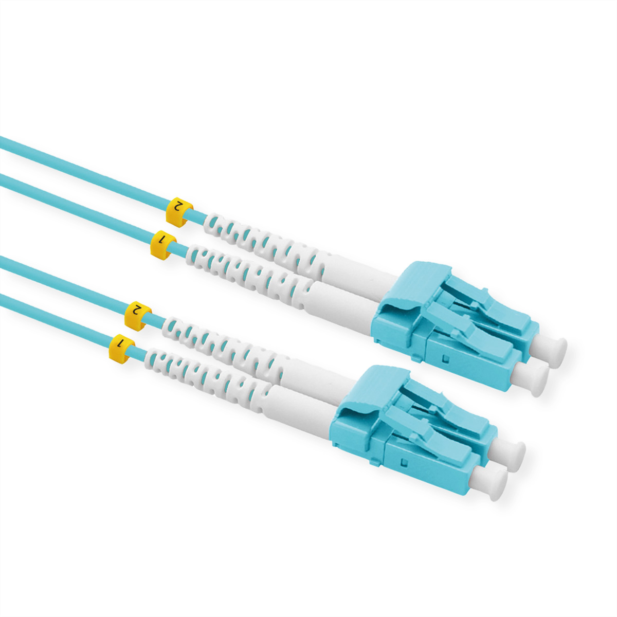 Deux câbles à fibre optique bleus avec des connecteurs blancs et bleus. Anneaux jaunes.