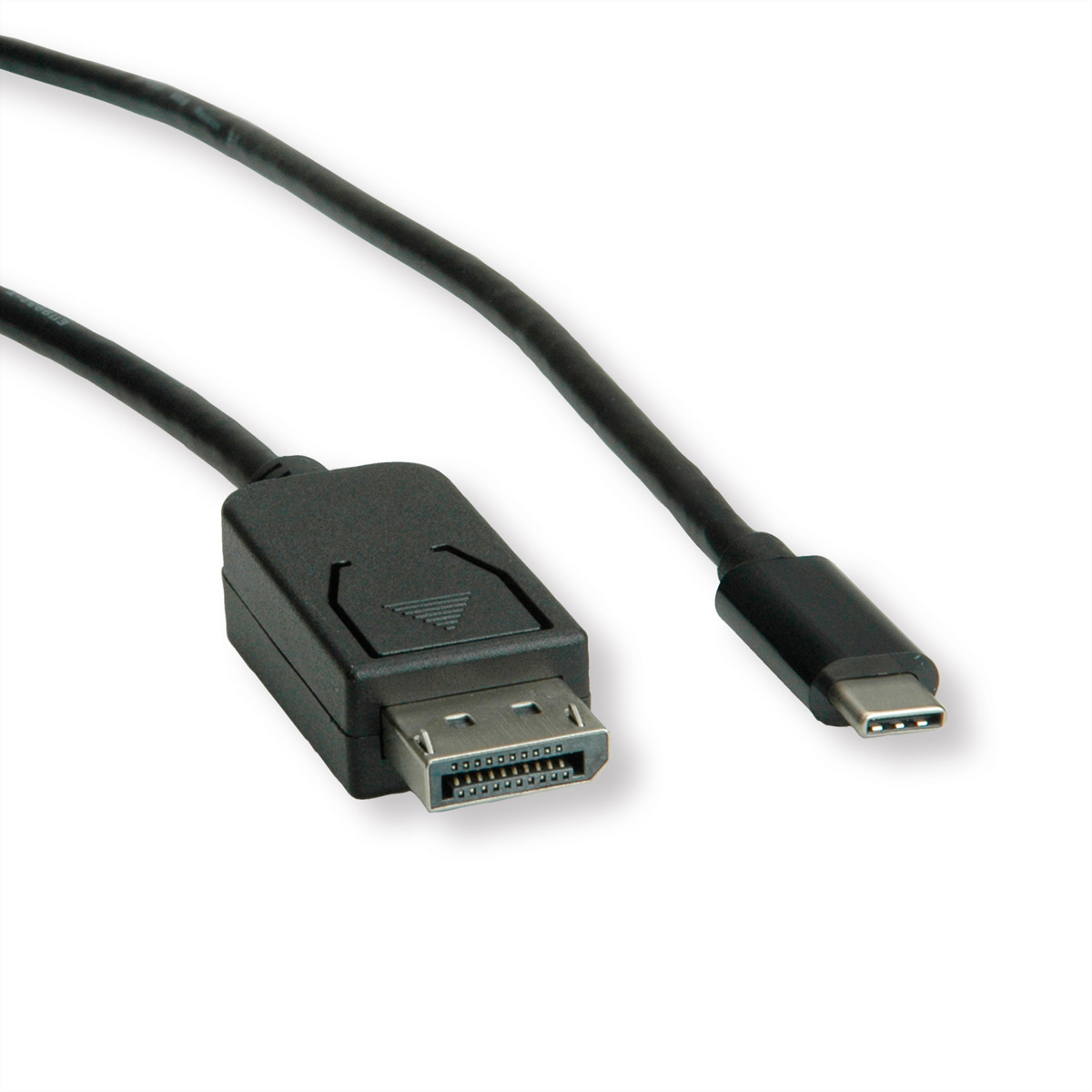 Câble DisplayPort vers USB-C noir, avec connecteur DisplayPort et USB-C.
