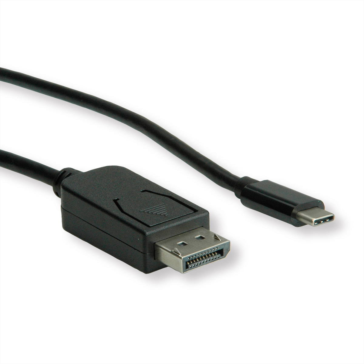 Un câble noir DisplayPort vers USB-C. Le fond est blanc.