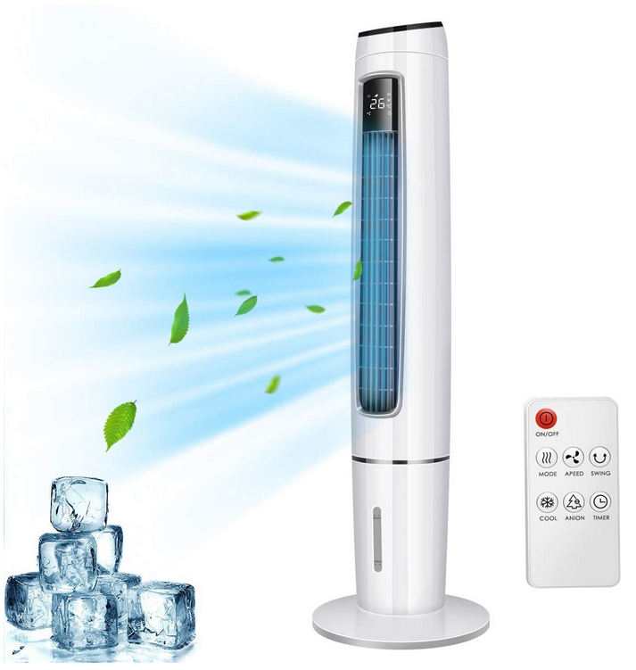 Weißer Turmventilator mit Fernbedienung und Eiswürfeln. Der Ventilator hat blaue Lichter innen.
